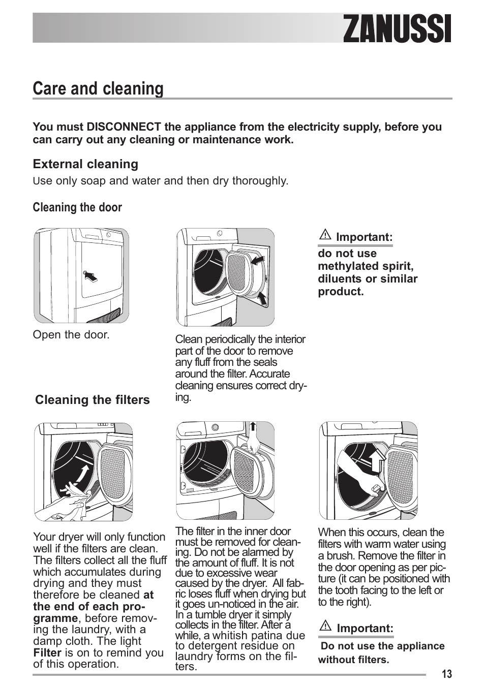 Care and cleaning | Zanussi ZDC 47100 W User Manual | Page 13 / 26