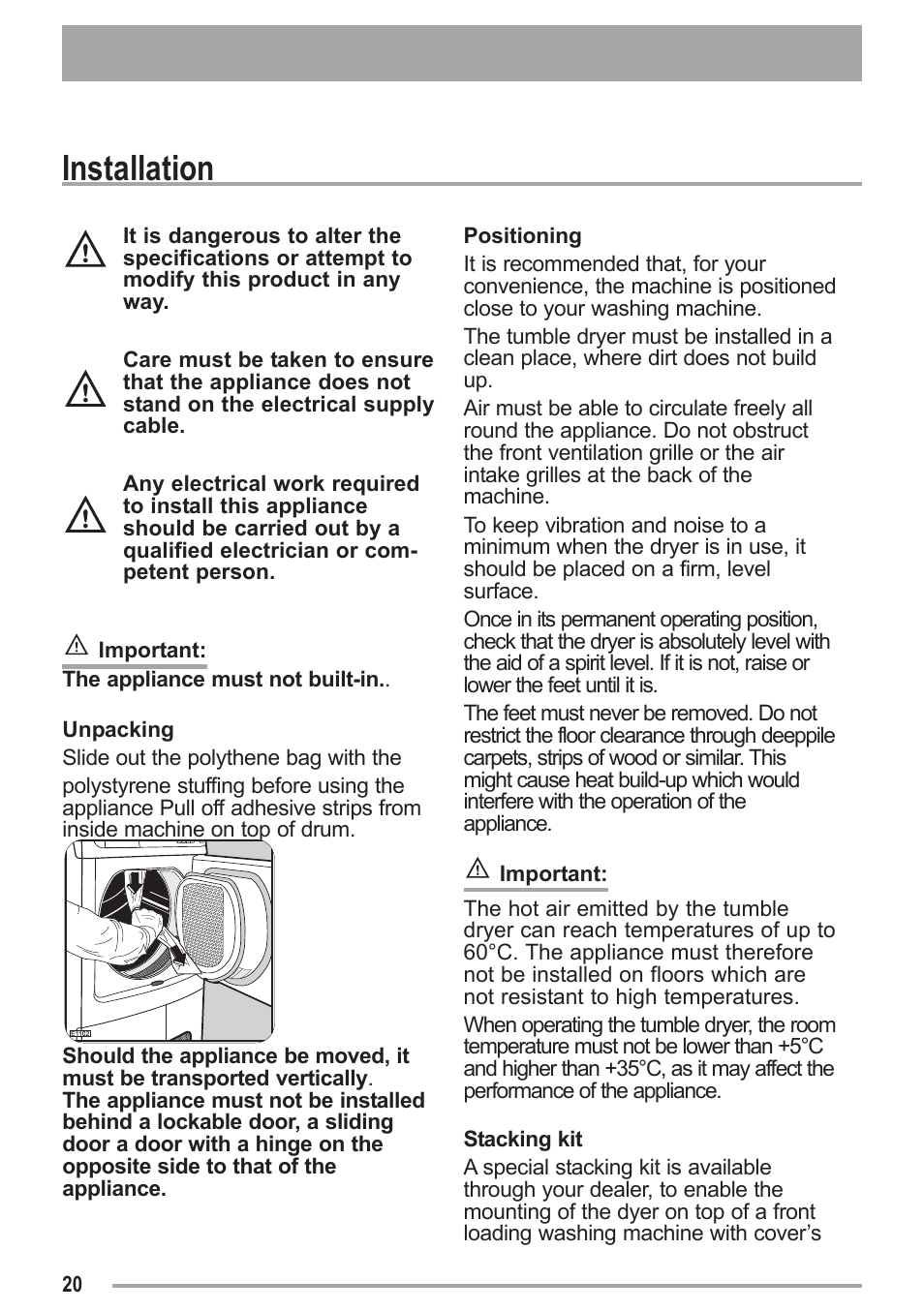 Installation | Zanussi ZDC 47100 W User Manual | Page 20 / 26