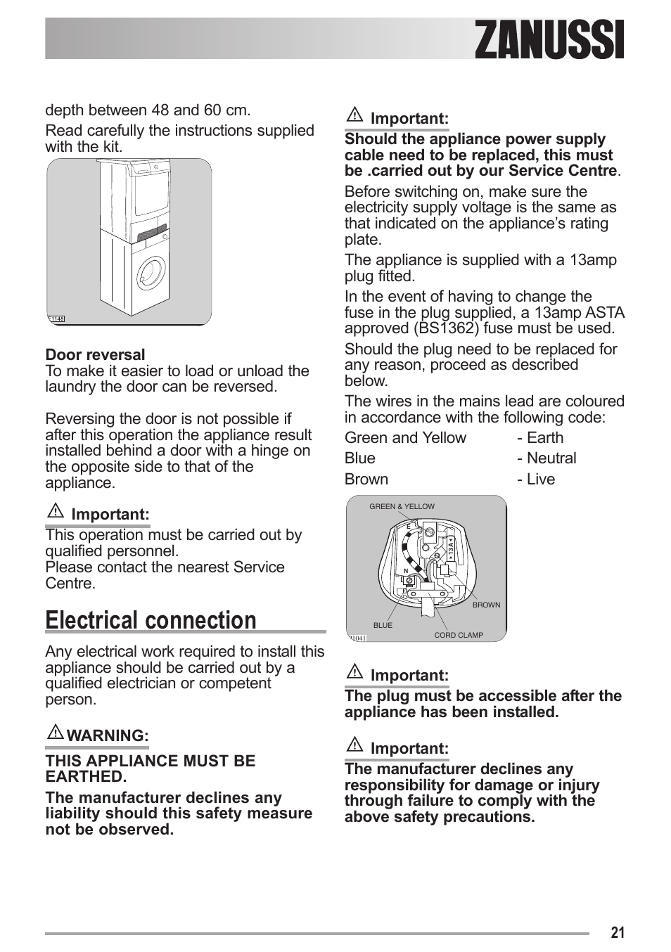 Electrical connection | Zanussi ZDC 47100 W User Manual | Page 21 / 26