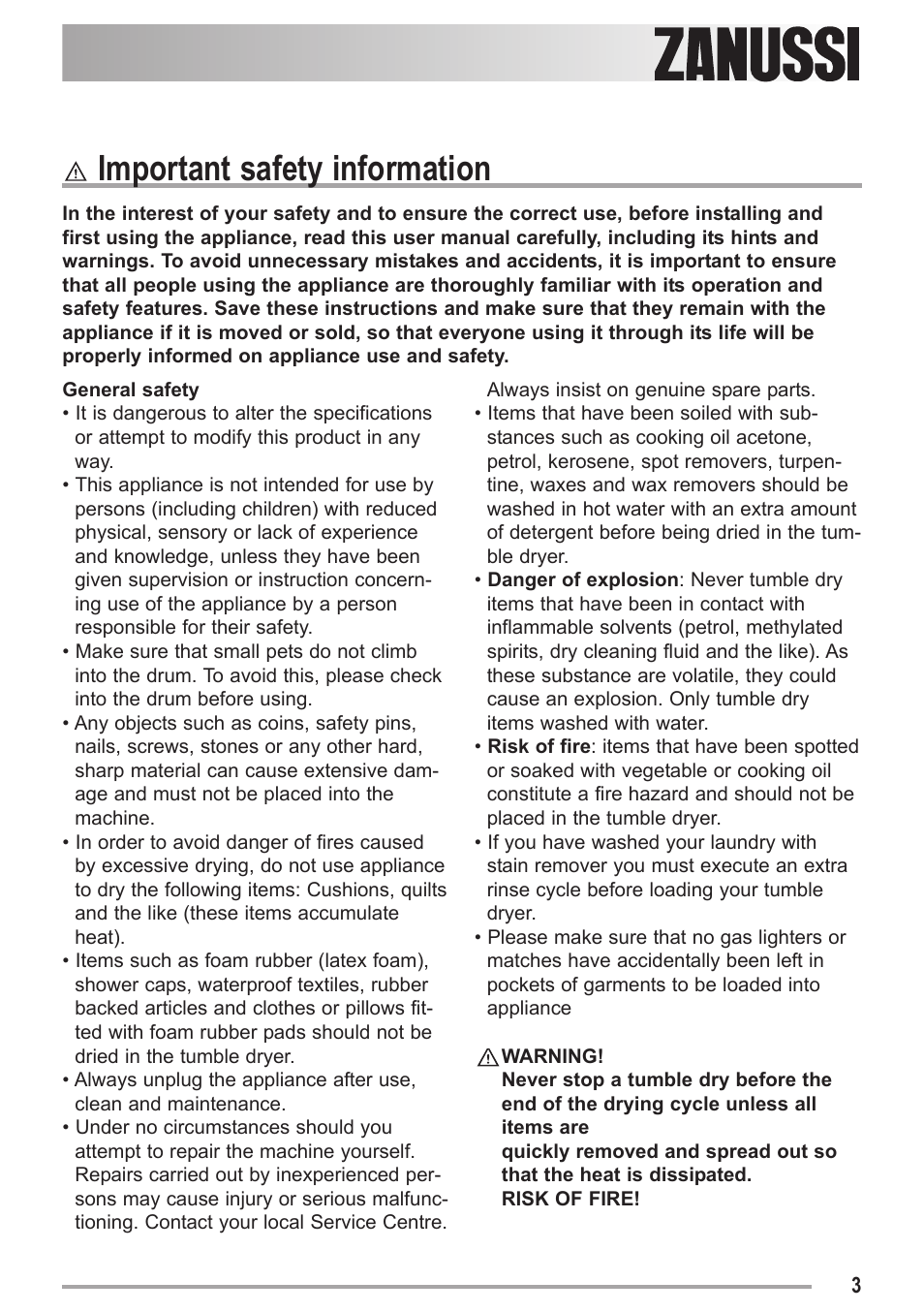 Important safety information | Zanussi ZDC 47100 W User Manual | Page 3 / 26