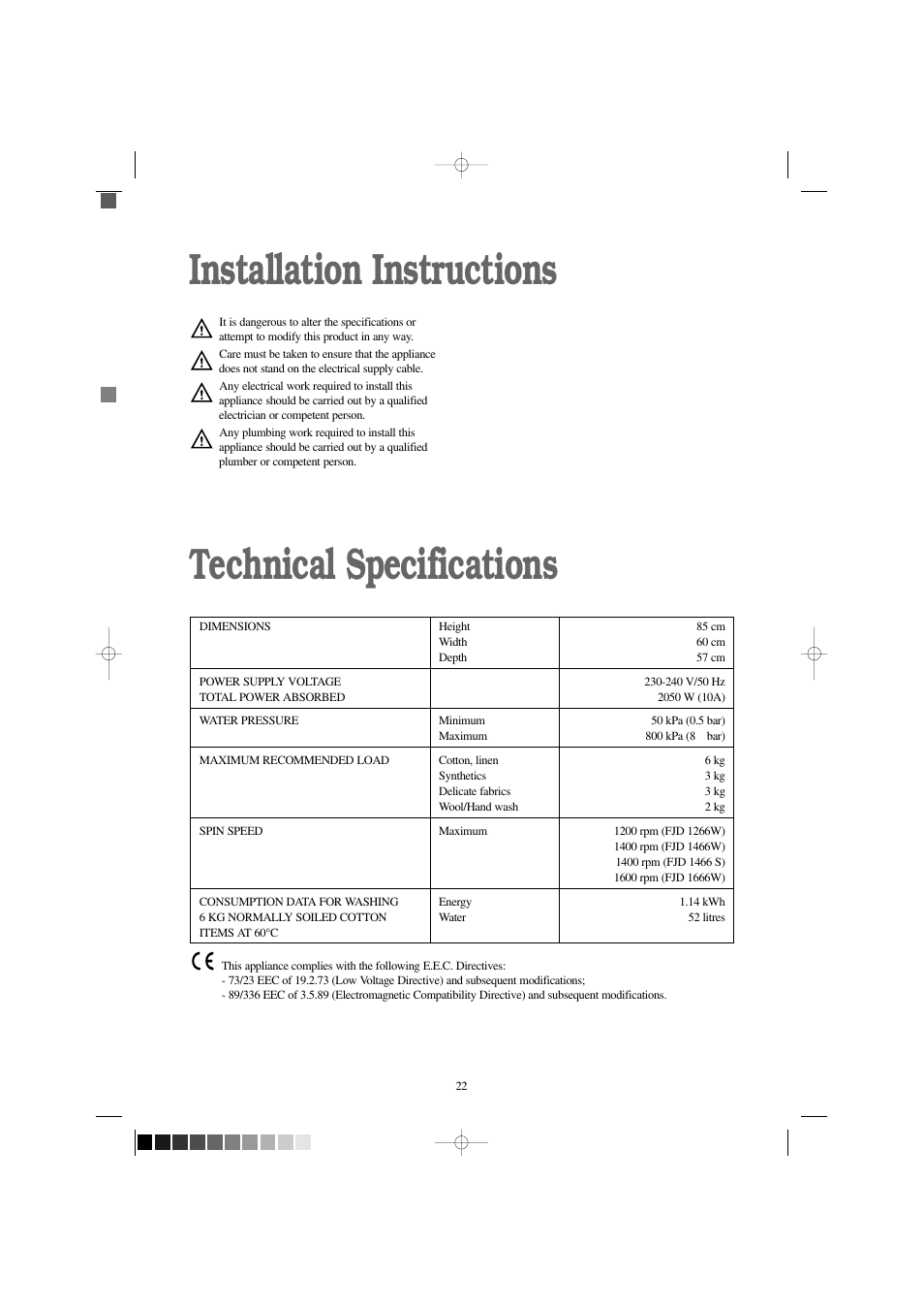 Installation instructions technical specifications | Zanussi FJD 1466 W User Manual | Page 22 / 27