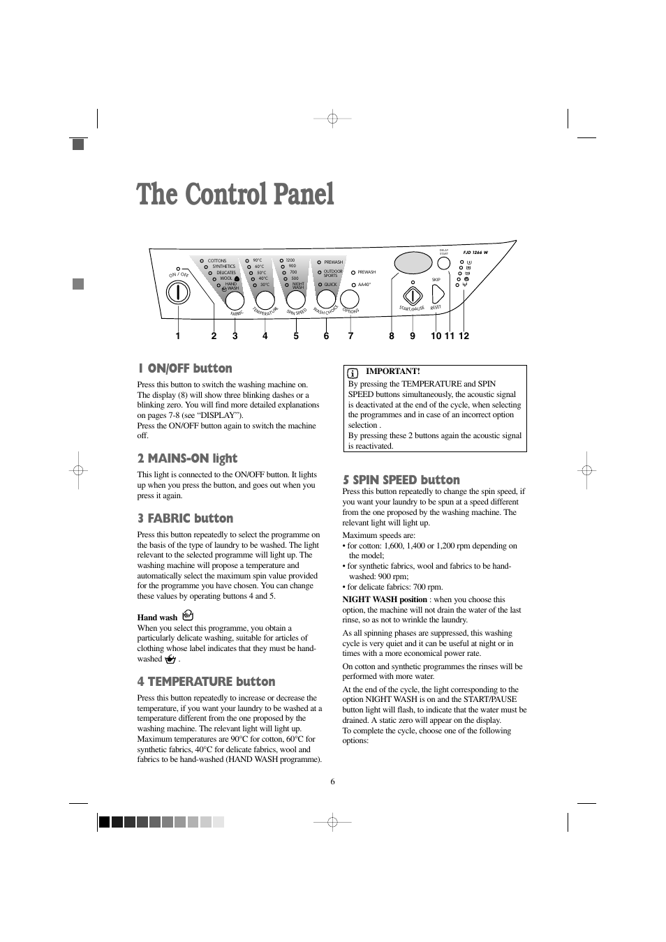 The control panel, 1 on/off button, 2 mains-on light | 3 fabric button, 4 temperature button, 5 spin speed button | Zanussi FJD 1466 W User Manual | Page 6 / 27