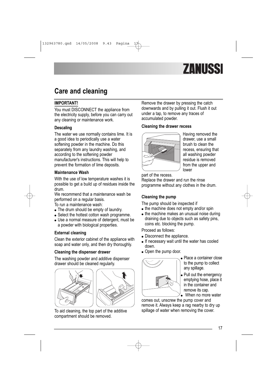 Care and cleaning | Zanussi ZWF16070 W1 User Manual | Page 17 / 28