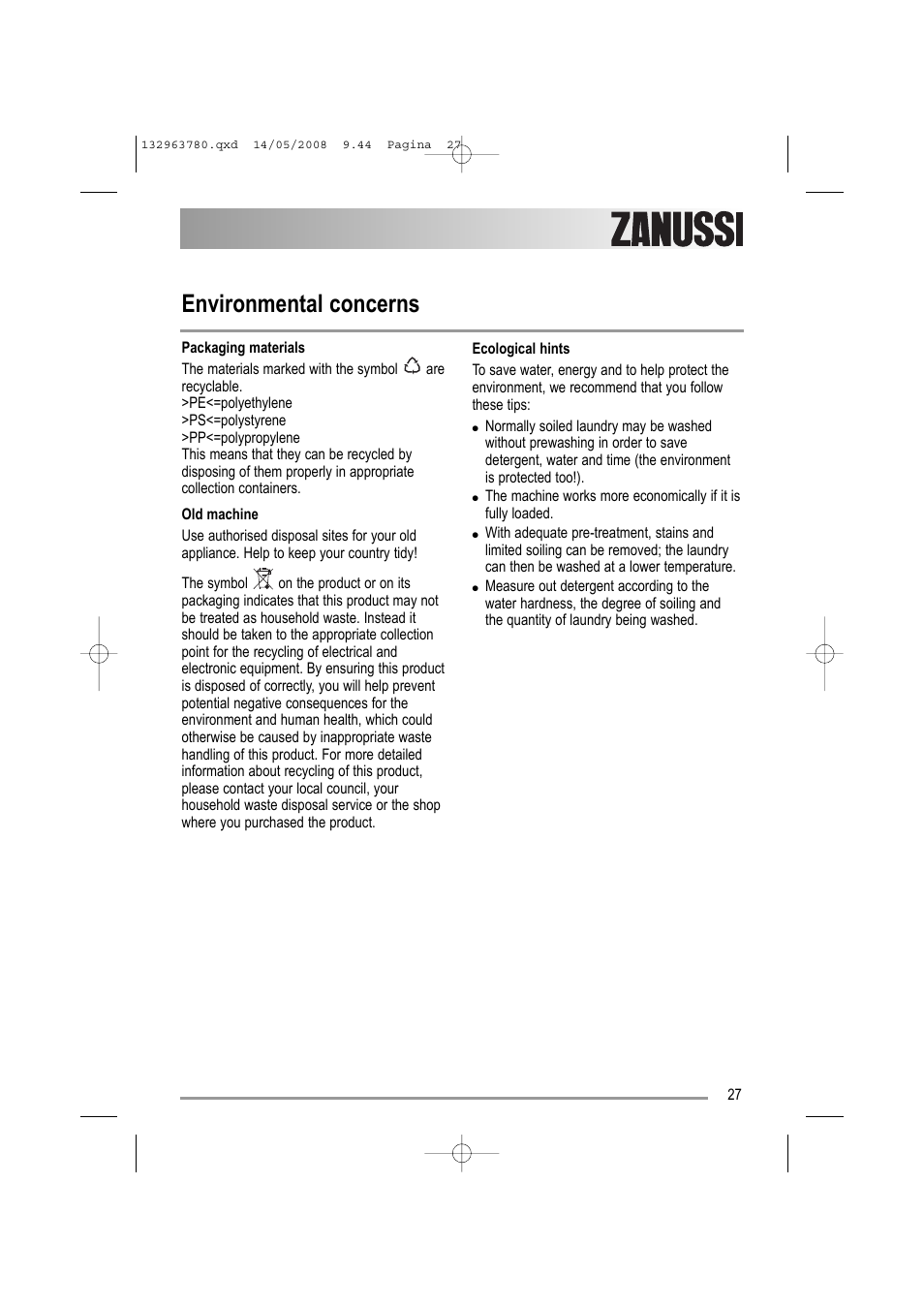 Environmental concerns | Zanussi ZWF16070 W1 User Manual | Page 27 / 28