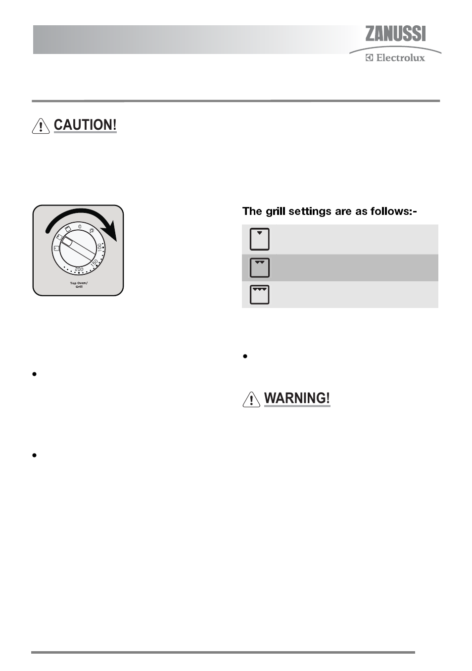The grill, Using the grill, Caution | Warning | Zanussi ZKM6040 User Manual | Page 15 / 44