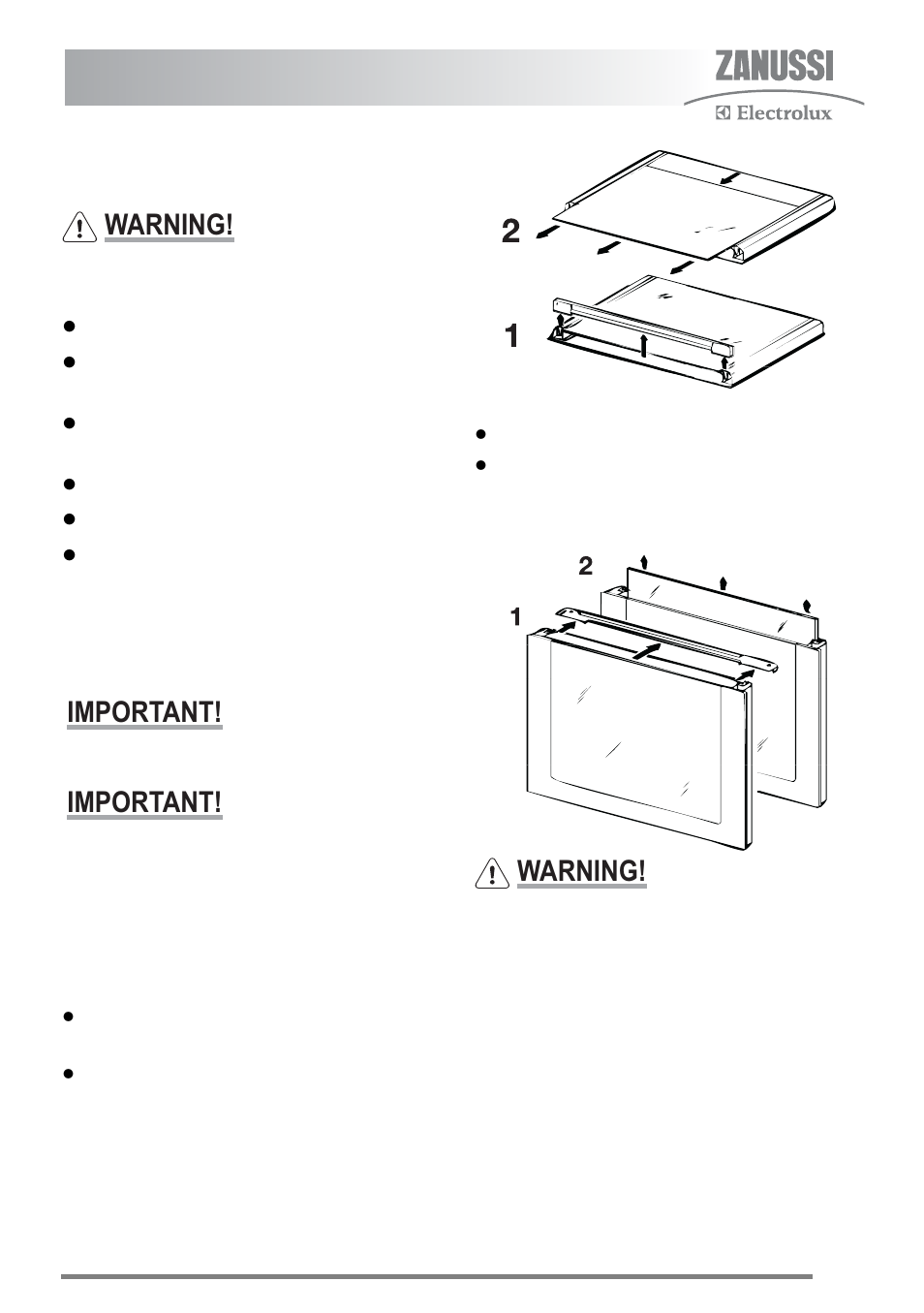 Cleaning the door(s), Cleaning between the outer and inner door glass, Warning | Important | Zanussi ZKM6040 User Manual | Page 31 / 44