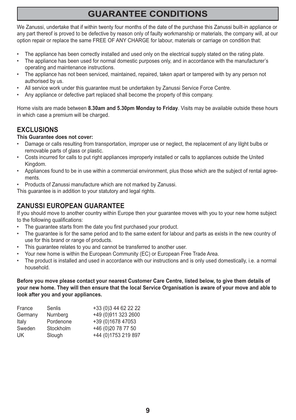 Guarantee conditions | Zanussi ZHC605 User Manual | Page 9 / 16