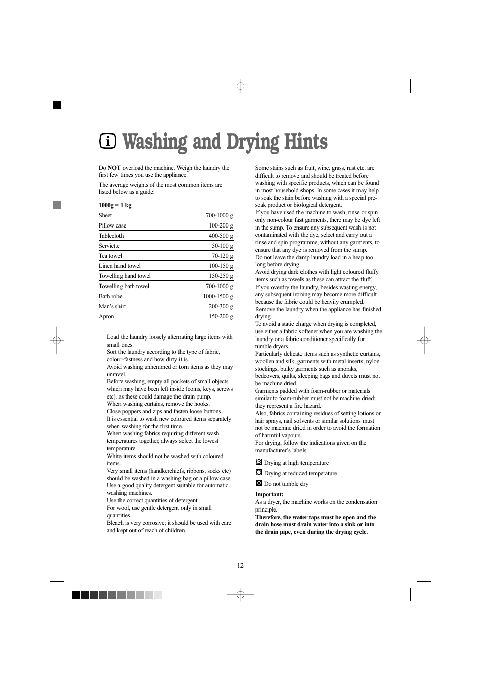 Washing and drying hints | Zanussi ZWD 1261 W User Manual | Page 12 / 28