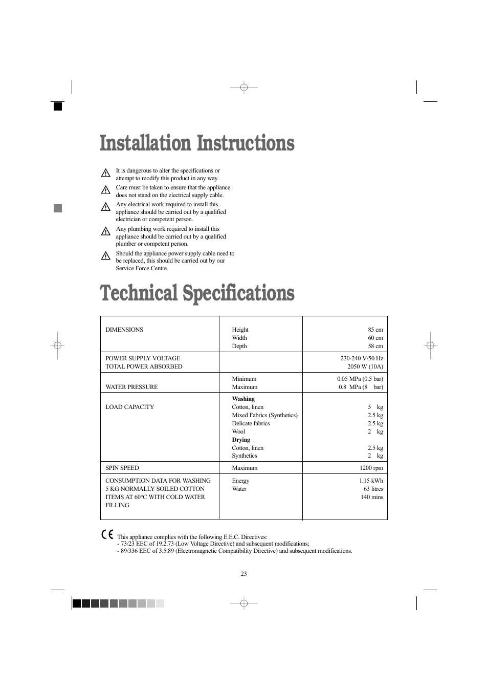 Installation instructions technical specifications | Zanussi ZWD 1261 W User Manual | Page 23 / 28