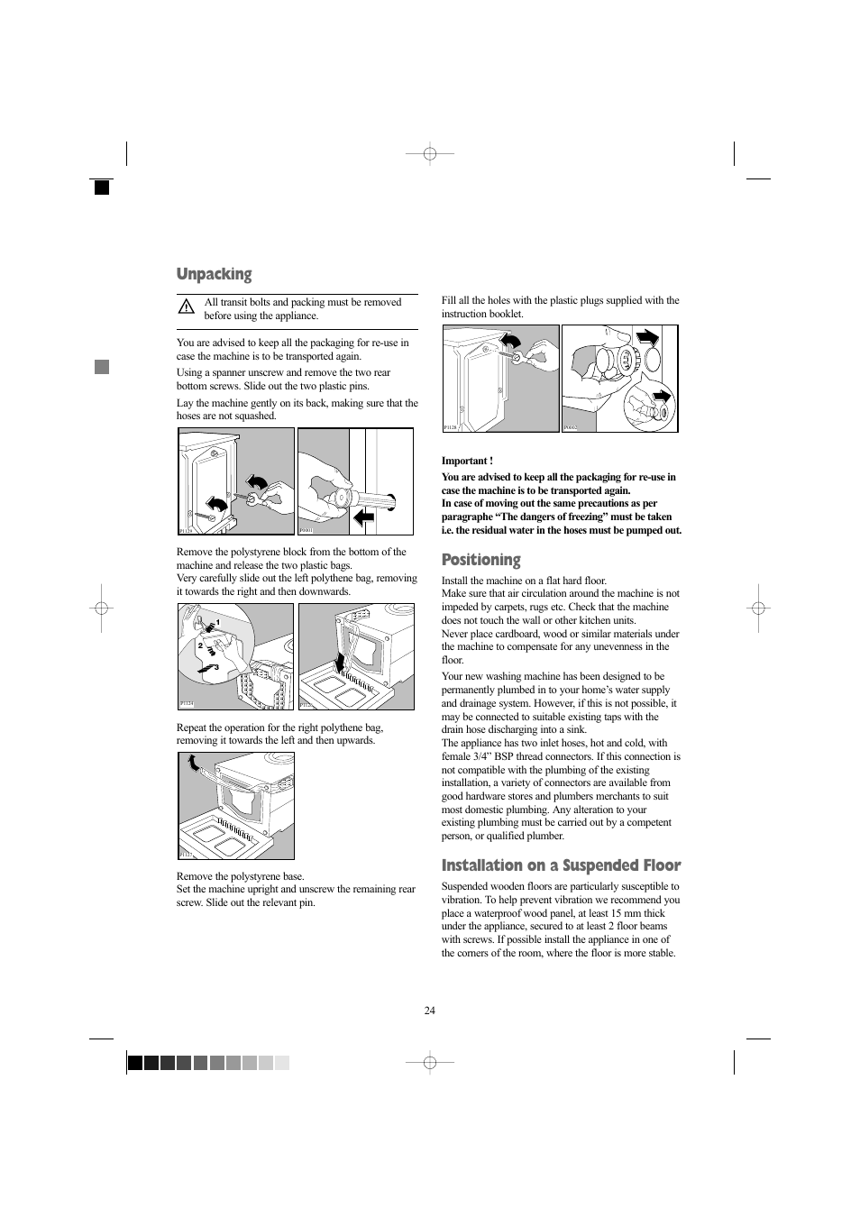 Unpacking, Positioning, Installation on a suspended floor | Zanussi ZWD 1261 W User Manual | Page 24 / 28