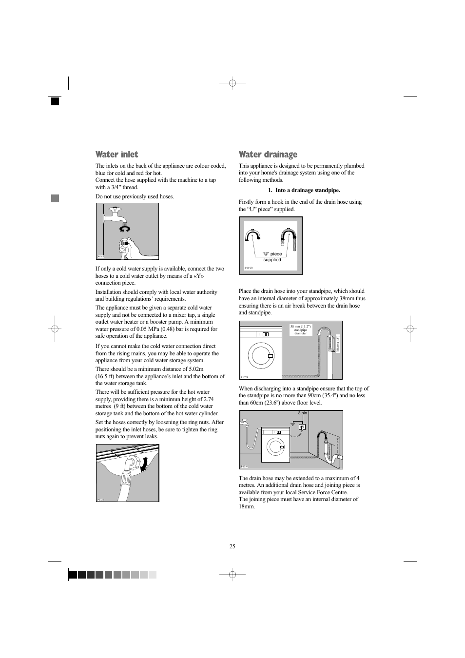 Water inlet, Water drainage | Zanussi ZWD 1261 W User Manual | Page 25 / 28