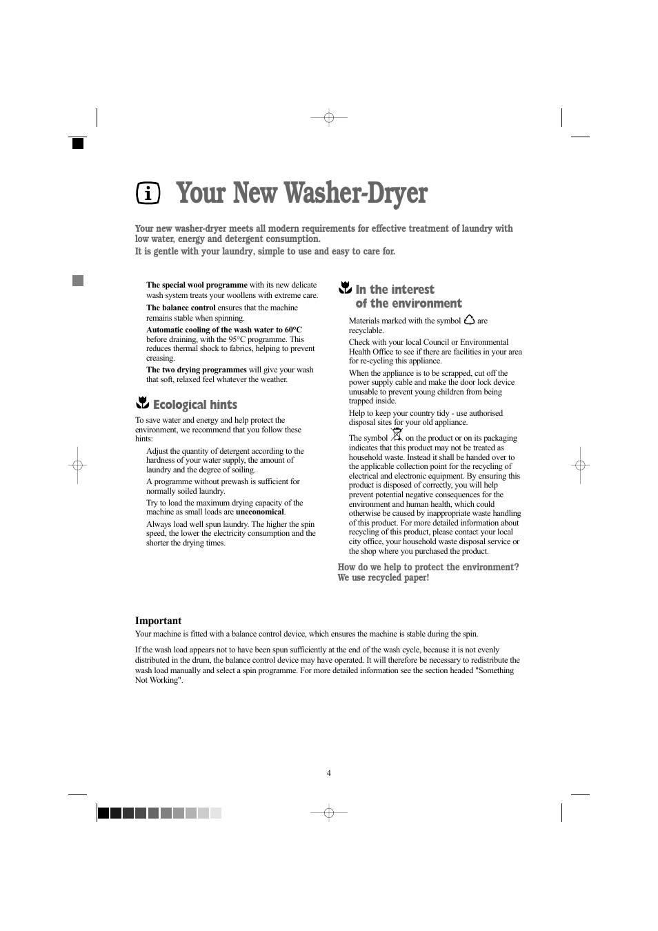 Your new washer-dryer, Ecological hints | Zanussi ZWD 1261 W User Manual | Page 4 / 28