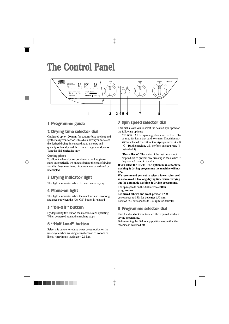 The control panel, 7 spin speed selector dial, 8 programme selector dial | 1 programme guide 2 drying time selector dial, 3 drying indicator light, 4 mains-on light, 5 “on-off” button, 6 “half load” button, Cooling phase, This light illuminates when the machine is drying | Zanussi ZWD 1261 W User Manual | Page 6 / 28