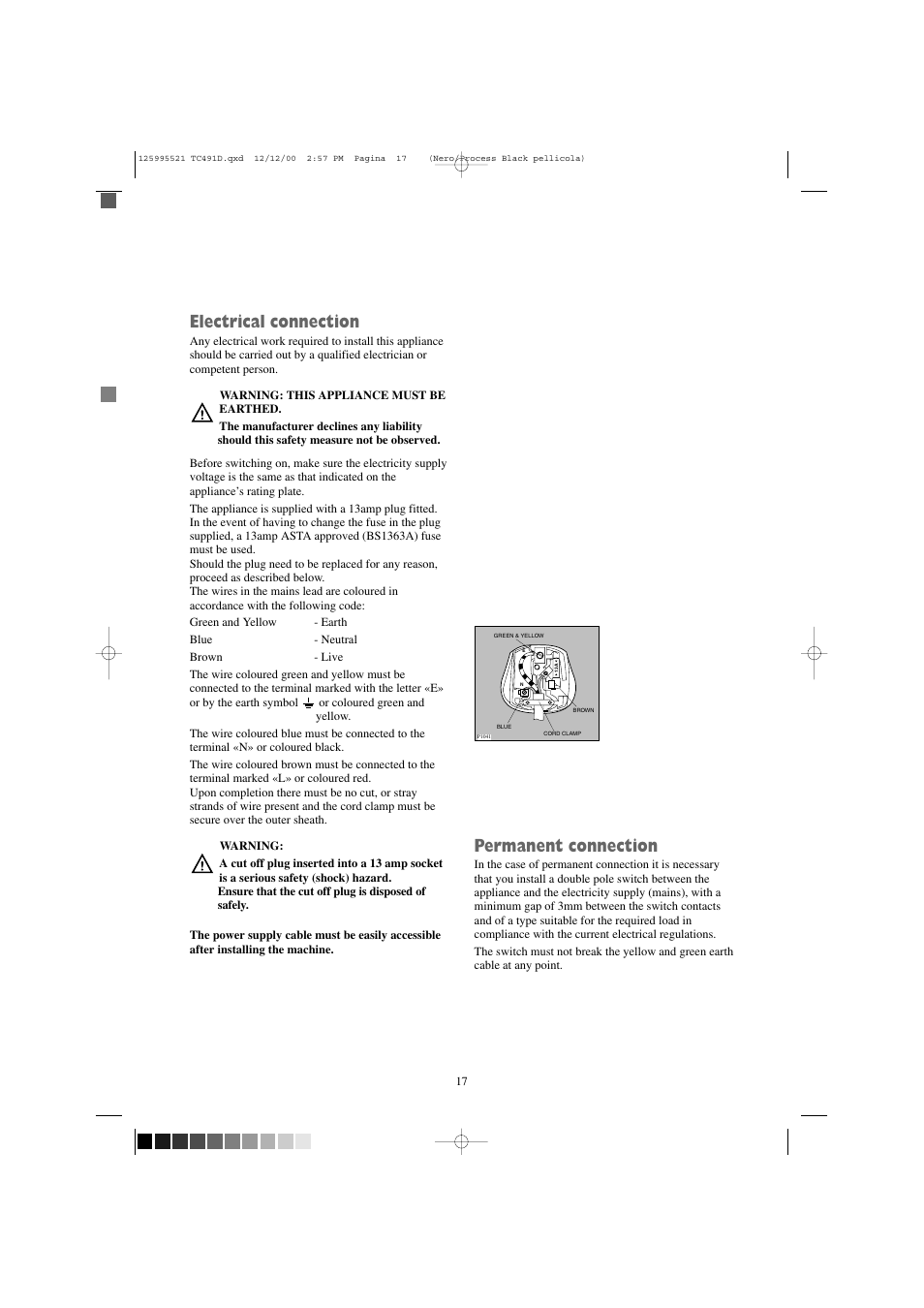 Electrical connection, Permanent connection | Zanussi TC 491 D User Manual | Page 17 / 18