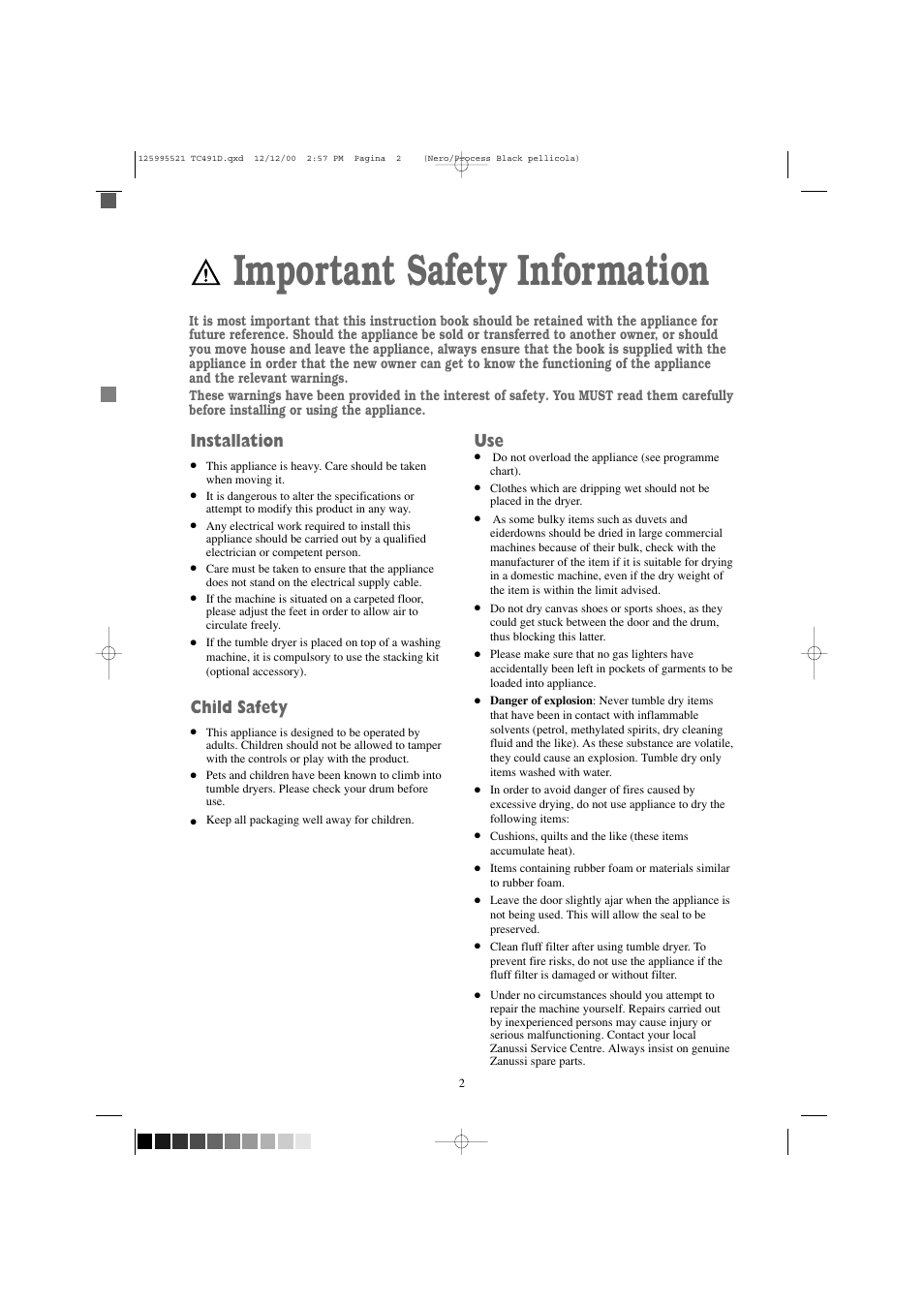 Important safety information, Installation, Child safety | Zanussi TC 491 D User Manual | Page 2 / 18