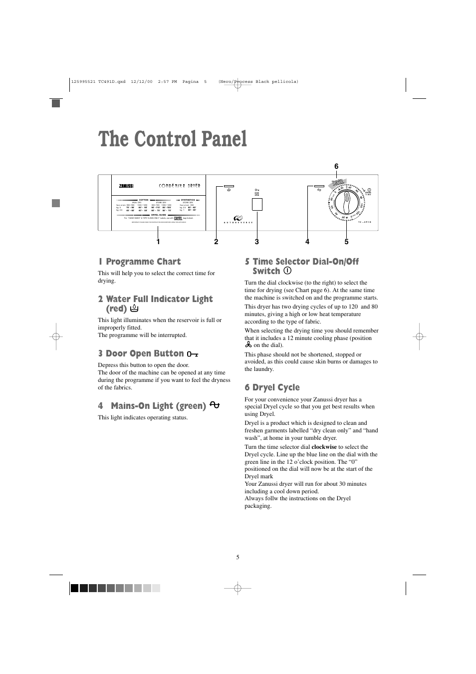 The control panel, 1 programme chart, 2 water full indicator light (red) | 3 door open button, 4 mains-on light (green), 5 time selector dial-on/off switch, 6 dryel cycle, This light indicates operating status | Zanussi TC 491 D User Manual | Page 5 / 18