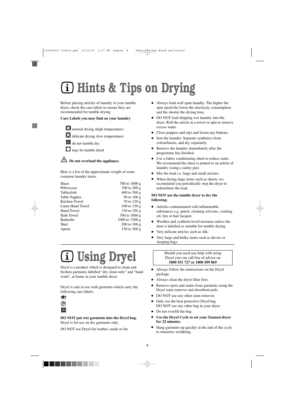 Hints & tips on drying, Using dryel | Zanussi TC 491 D User Manual | Page 8 / 18