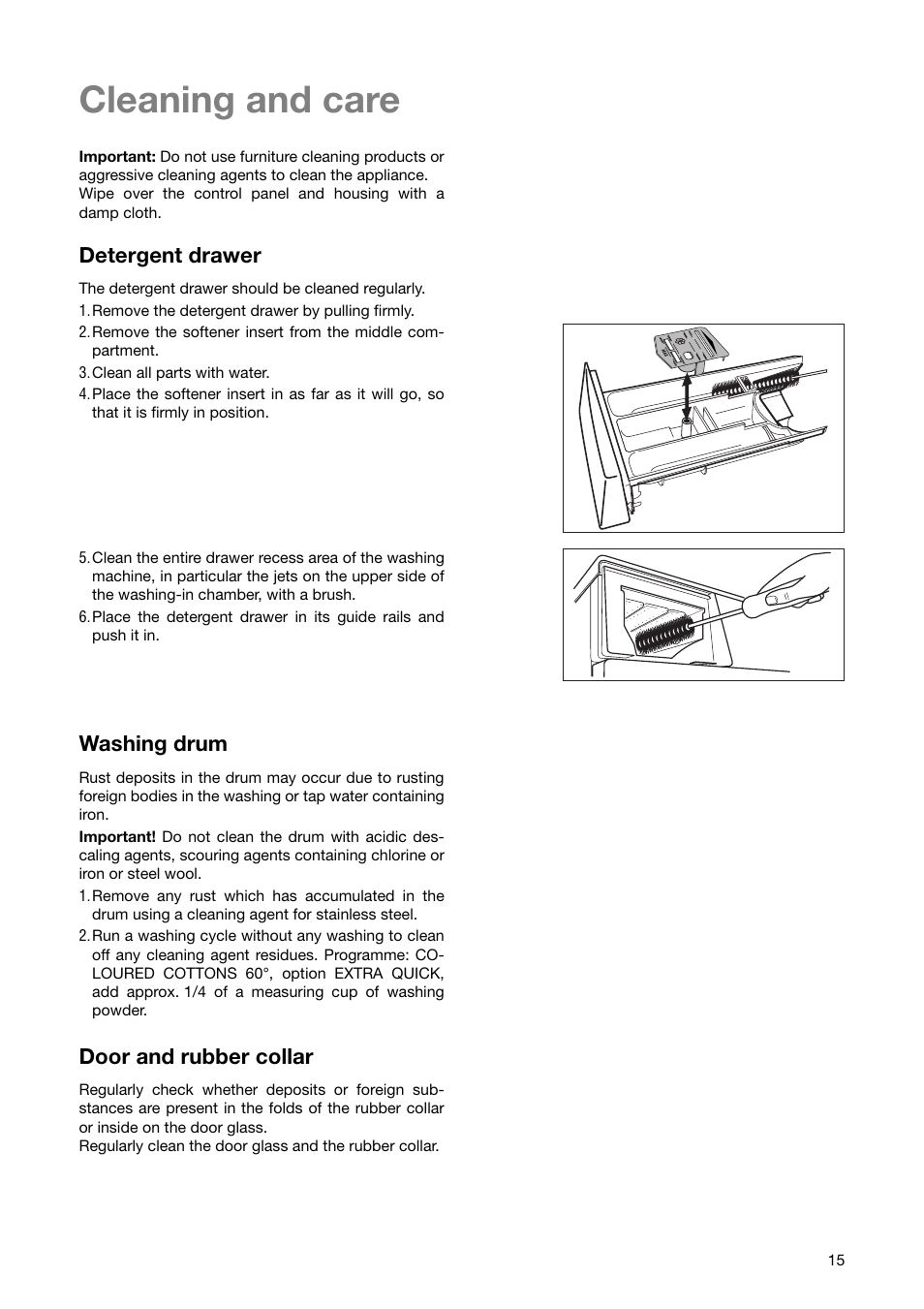 Cleaning and care, Detergent drawer, Washing drum | Door and rubber collar | Zanussi ZWF 1840 W User Manual | Page 15 / 36