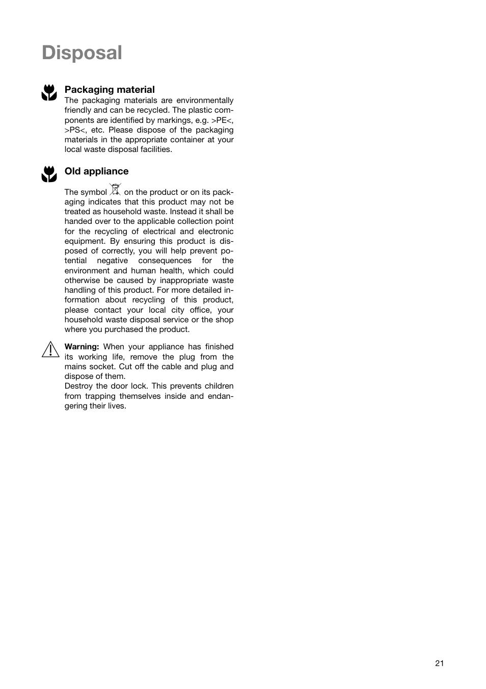 Disposal 2 | Zanussi ZWF 1840 W User Manual | Page 21 / 36