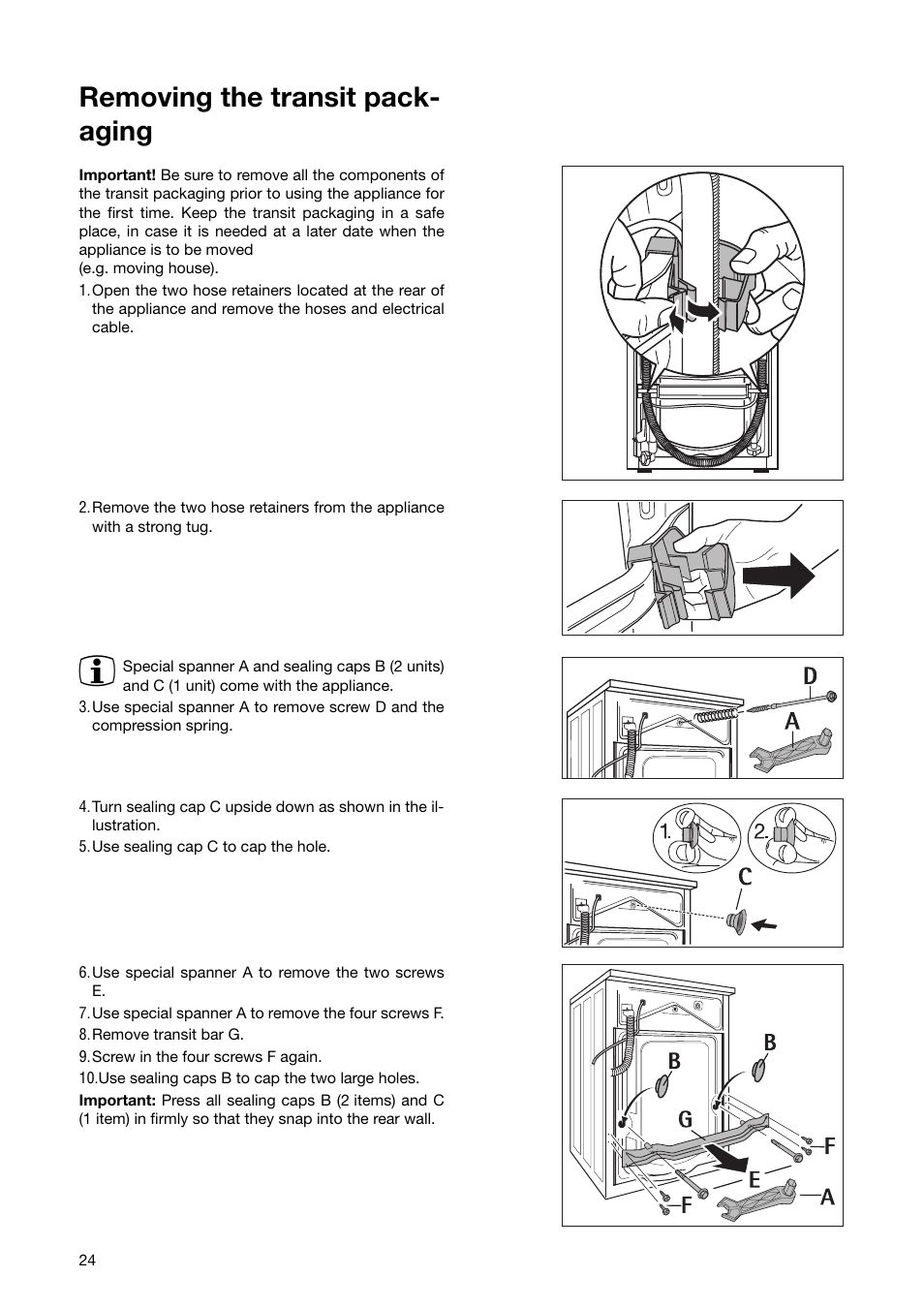 Removing the transit pack- aging | Zanussi ZWF 1840 W User Manual | Page 24 / 36