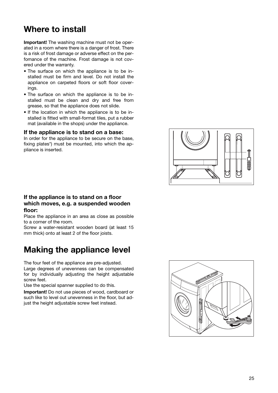 Where to install, Making the appliance level | Zanussi ZWF 1840 W User Manual | Page 25 / 36