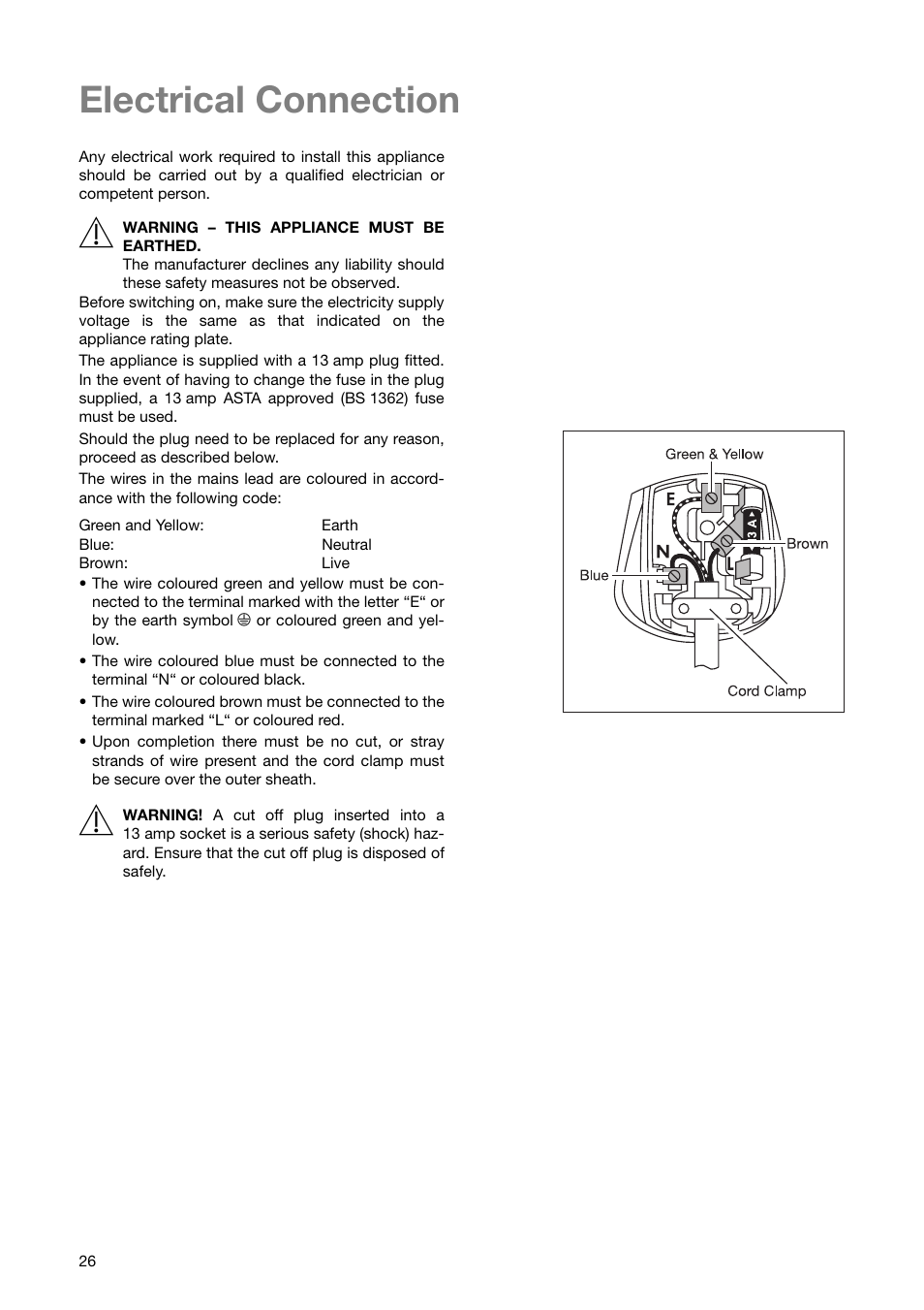 Electrical connection | Zanussi ZWF 1840 W User Manual | Page 26 / 36