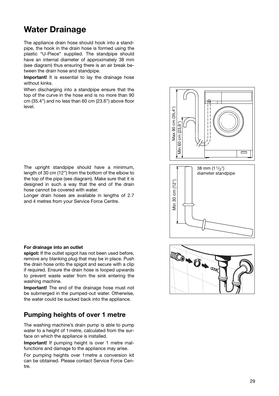 Water drainage, Pumping heights of over 1 metre | Zanussi ZWF 1840 W User Manual | Page 29 / 36