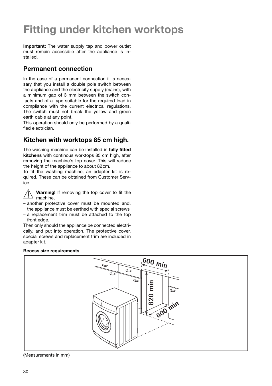 Fitting under kitchen worktops, Permanent connection, Kitchen with worktops 85 cm high | Zanussi ZWF 1840 W User Manual | Page 30 / 36