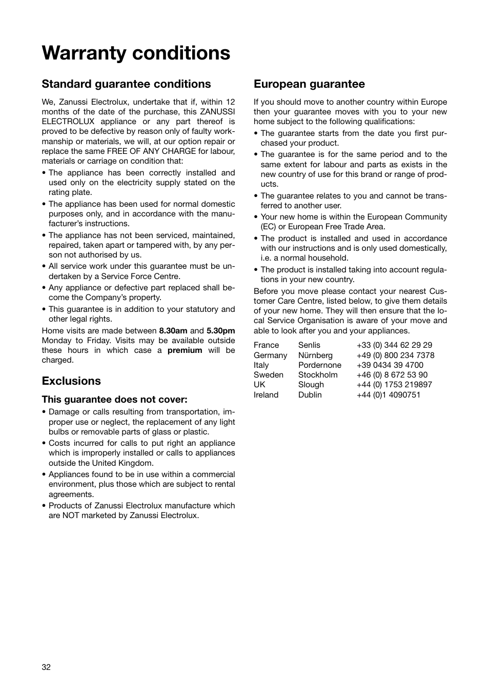 Warranty conditions, Standard guarantee conditions, Exclusions | European guarantee | Zanussi ZWF 1840 W User Manual | Page 32 / 36