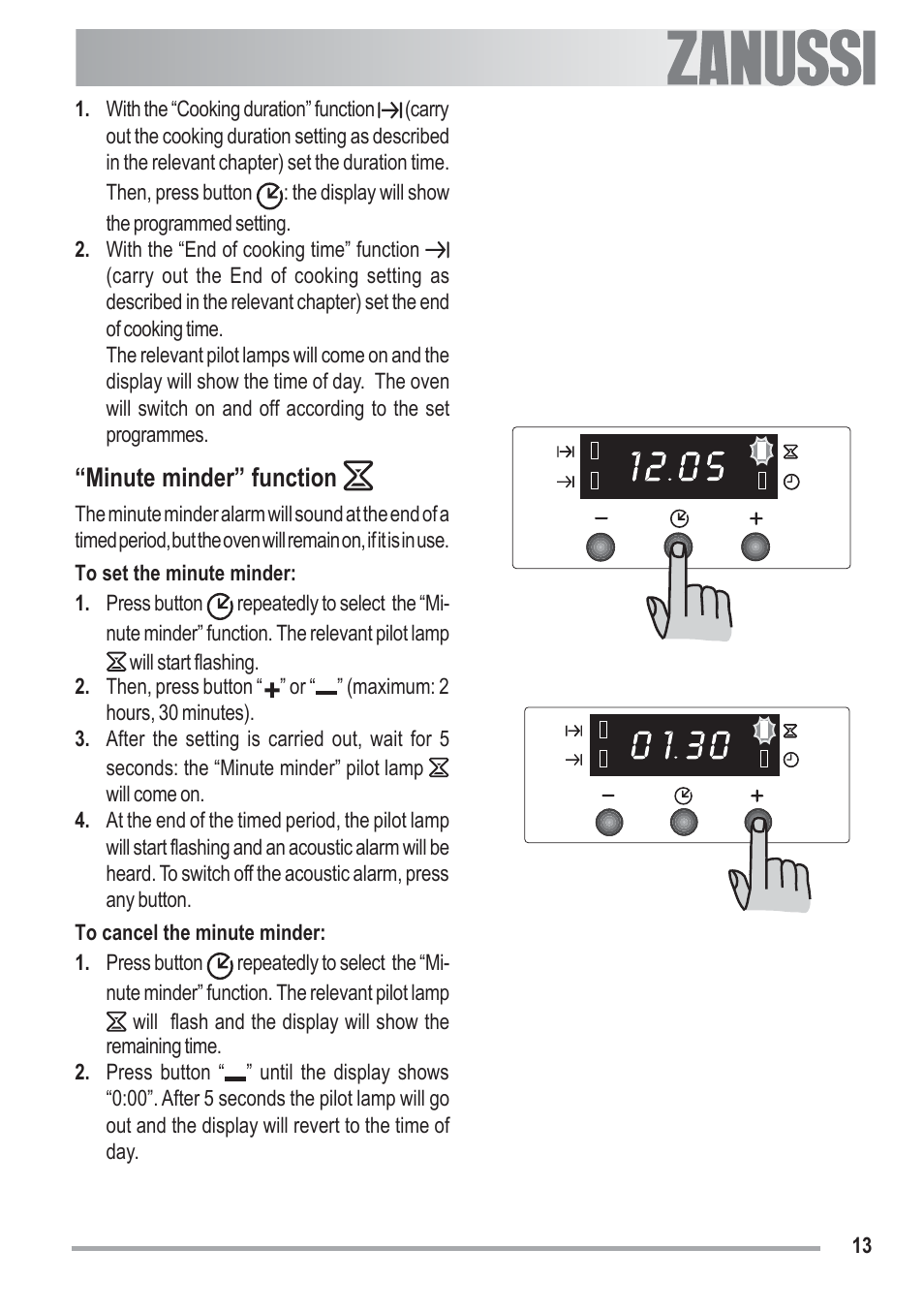 Minute minder” function | Zanussi U33008 ZOB 330 User Manual | Page 13 / 32