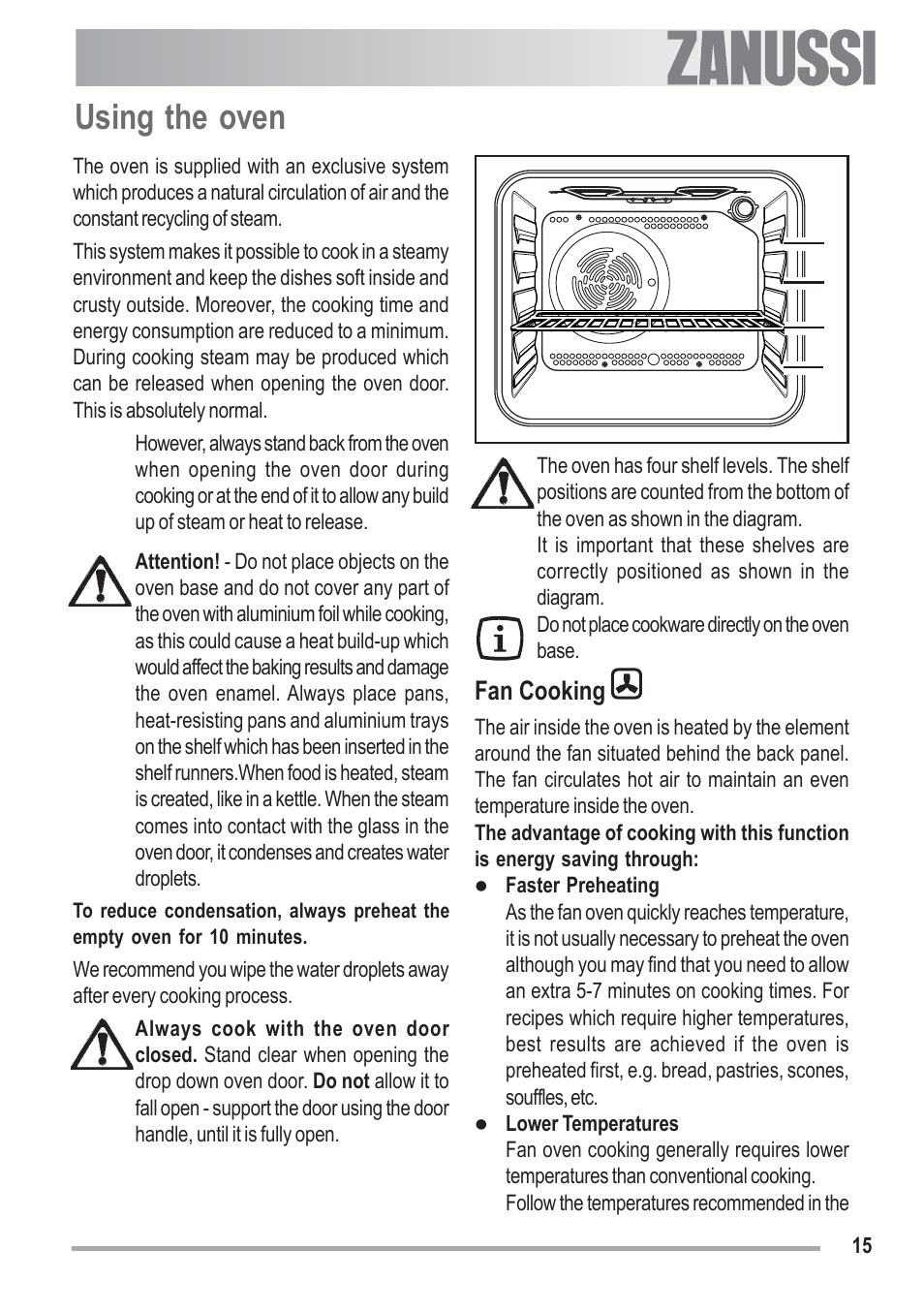 Using the oven, Fan cooking | Zanussi U33008 ZOB 330 User Manual | Page 15 / 32