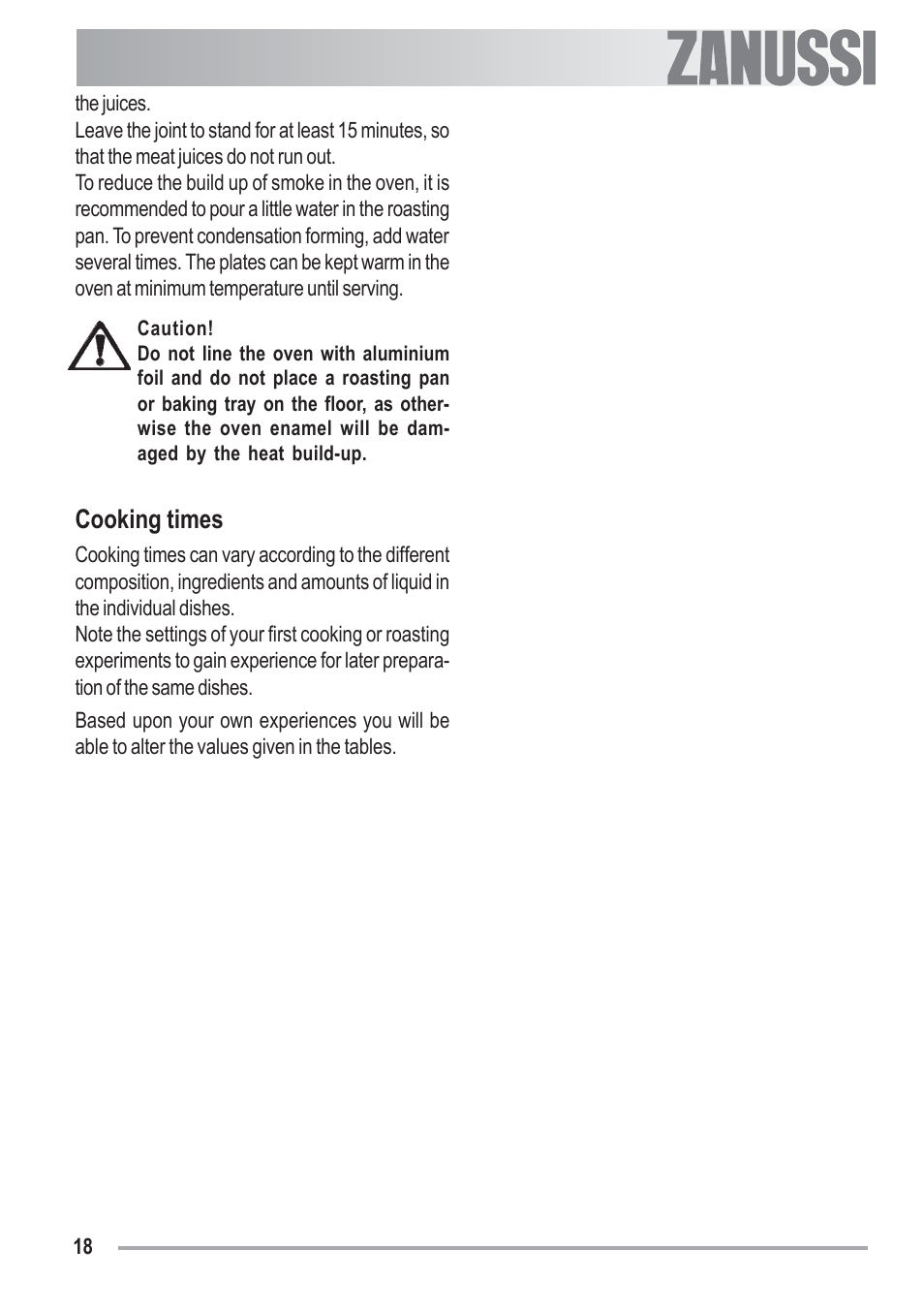 Cooking times | Zanussi U33008 ZOB 330 User Manual | Page 18 / 32