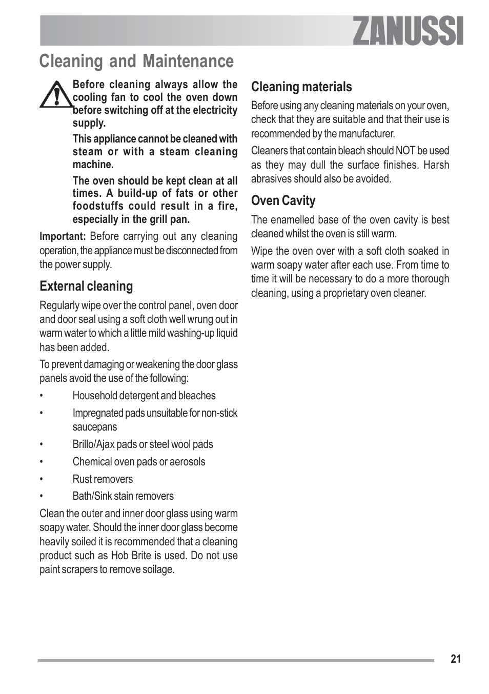 Cleaning and maintenance, External cleaning, Cleaning materials | Oven cavity | Zanussi U33008 ZOB 330 User Manual | Page 21 / 32