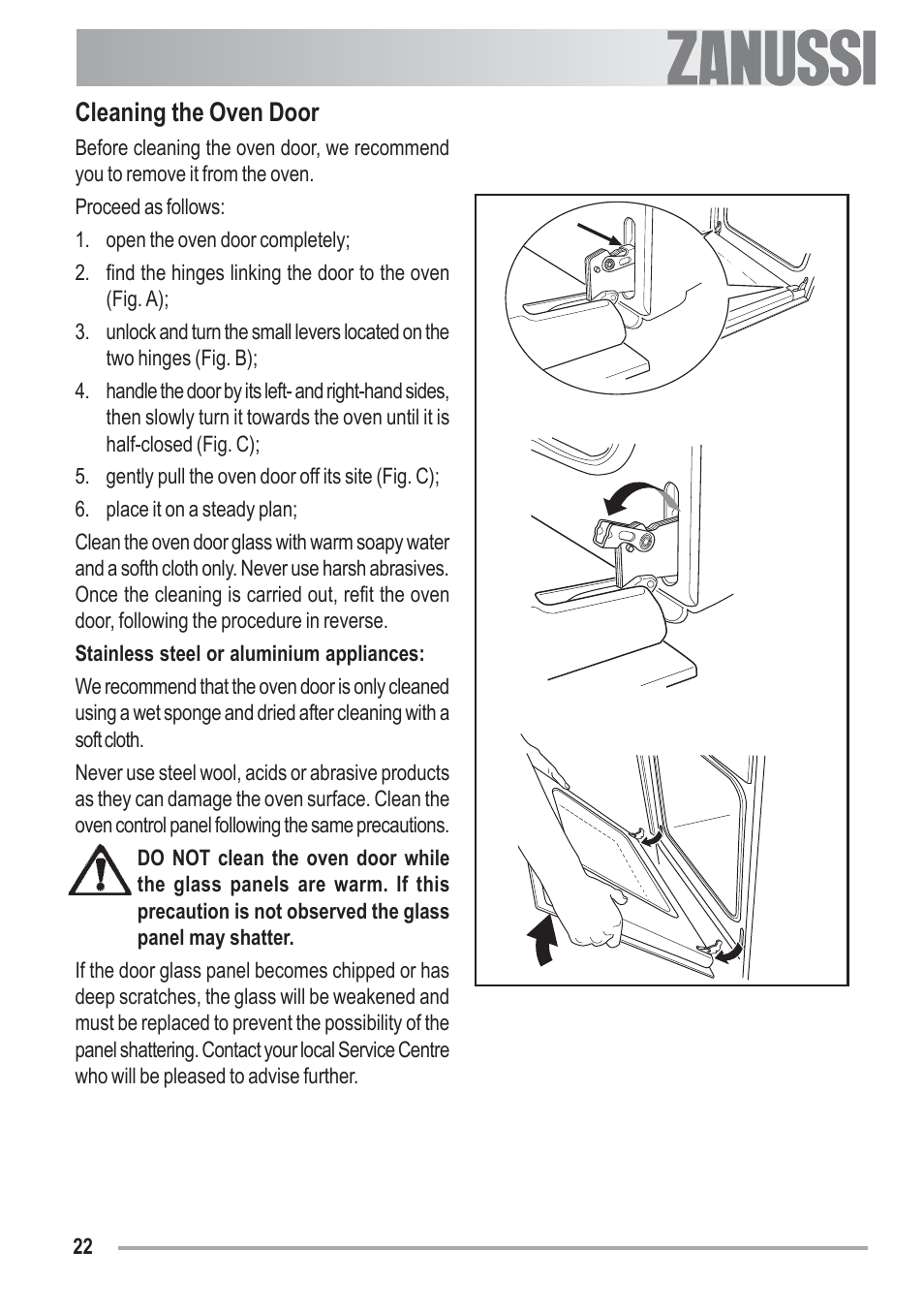 Cleaning the oven door | Zanussi U33008 ZOB 330 User Manual | Page 22 / 32