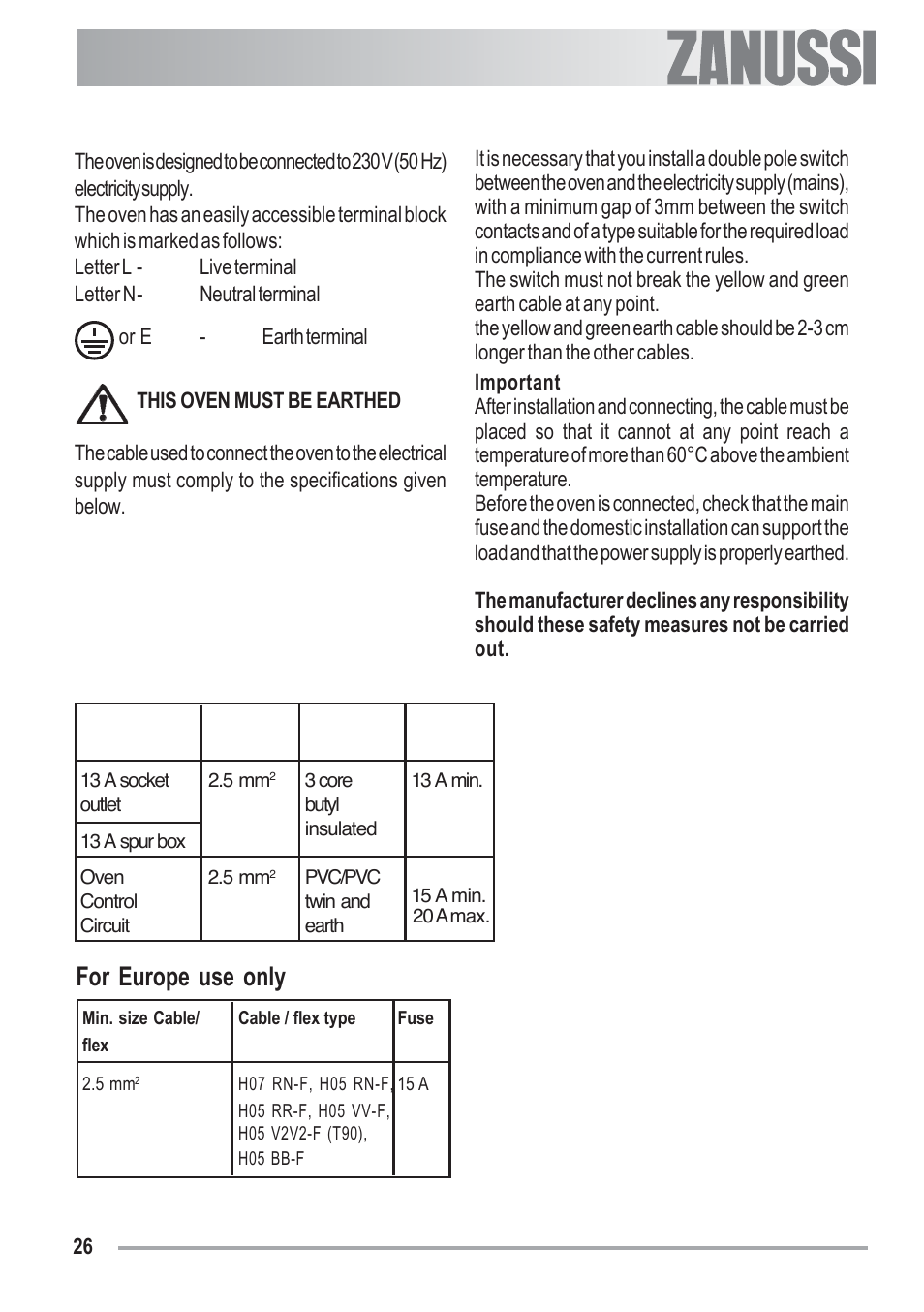 Electrical connection, For europe use only | Zanussi U33008 ZOB 330 User Manual | Page 26 / 32