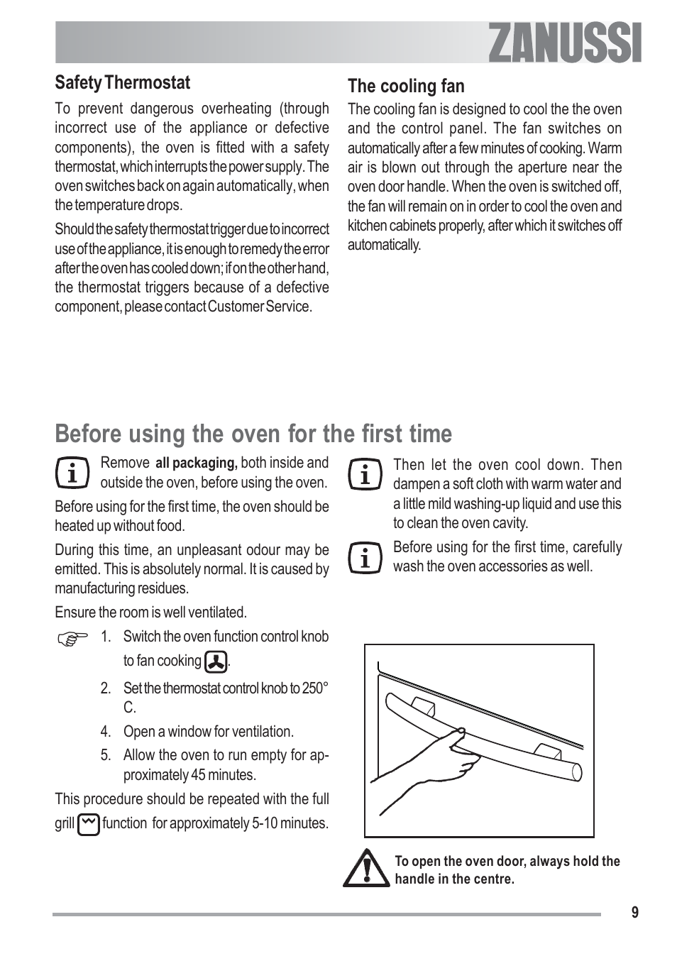 Before using the oven for the first time | Zanussi U33008 ZOB 330 User Manual | Page 9 / 32
