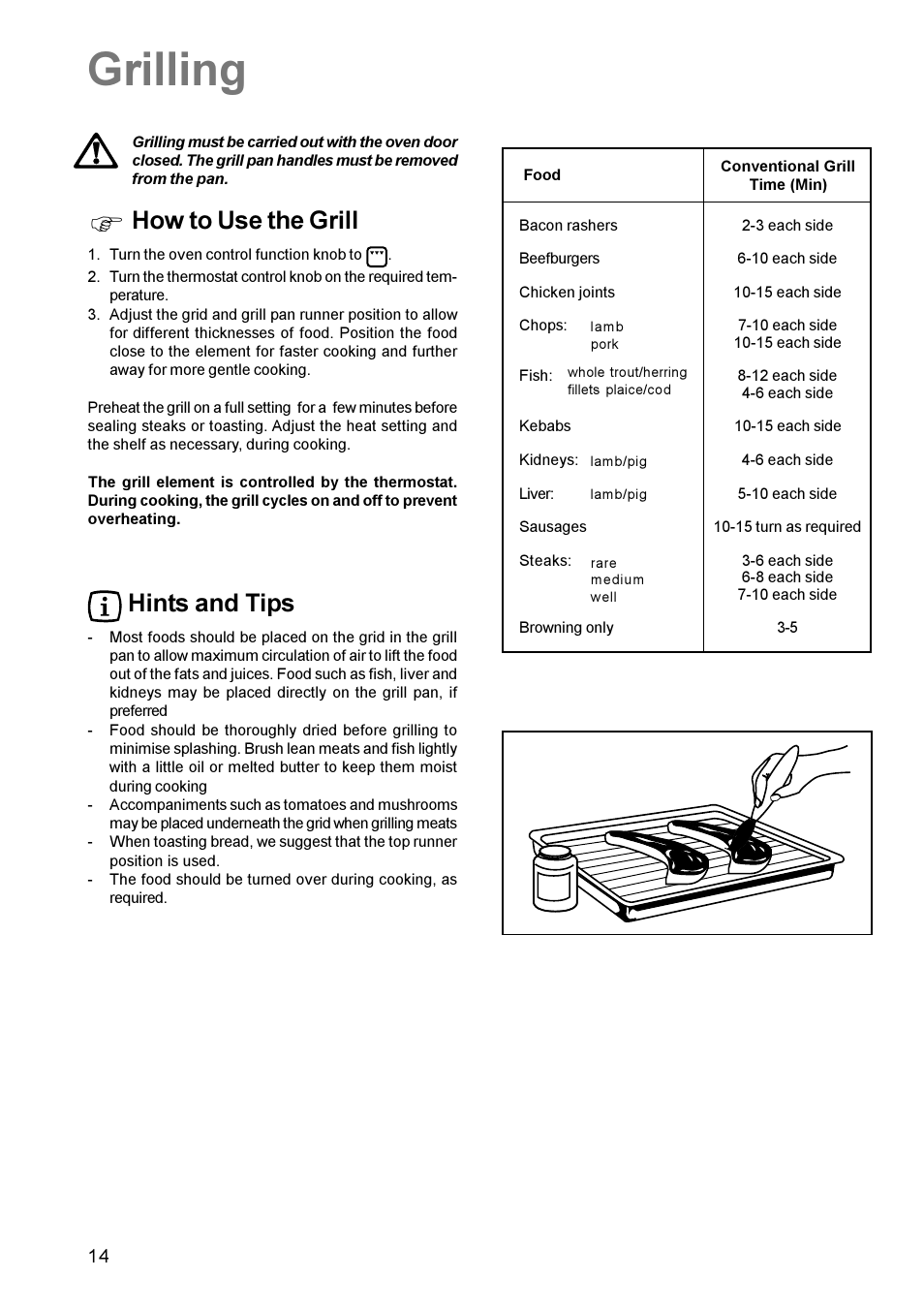 Grilling, How to use the grill, Hints and tips | Zanussi MIXED FUEL COOKER ZCM 600 User Manual | Page 14 / 28