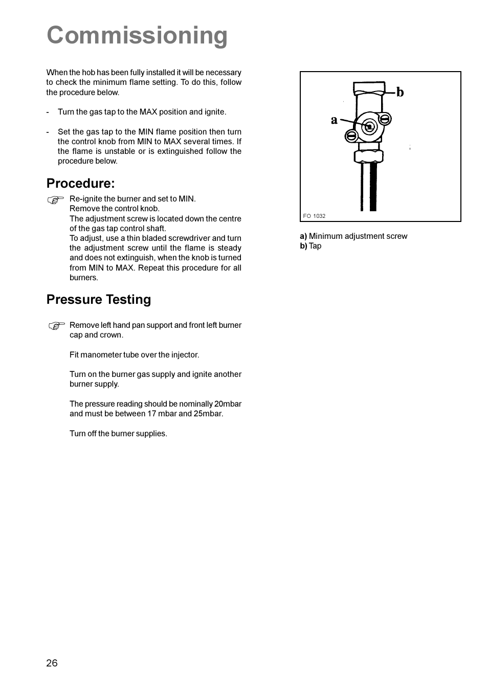 Commissioning, Procedure, Pressure testing | Zanussi MIXED FUEL COOKER ZCM 600 User Manual | Page 26 / 28