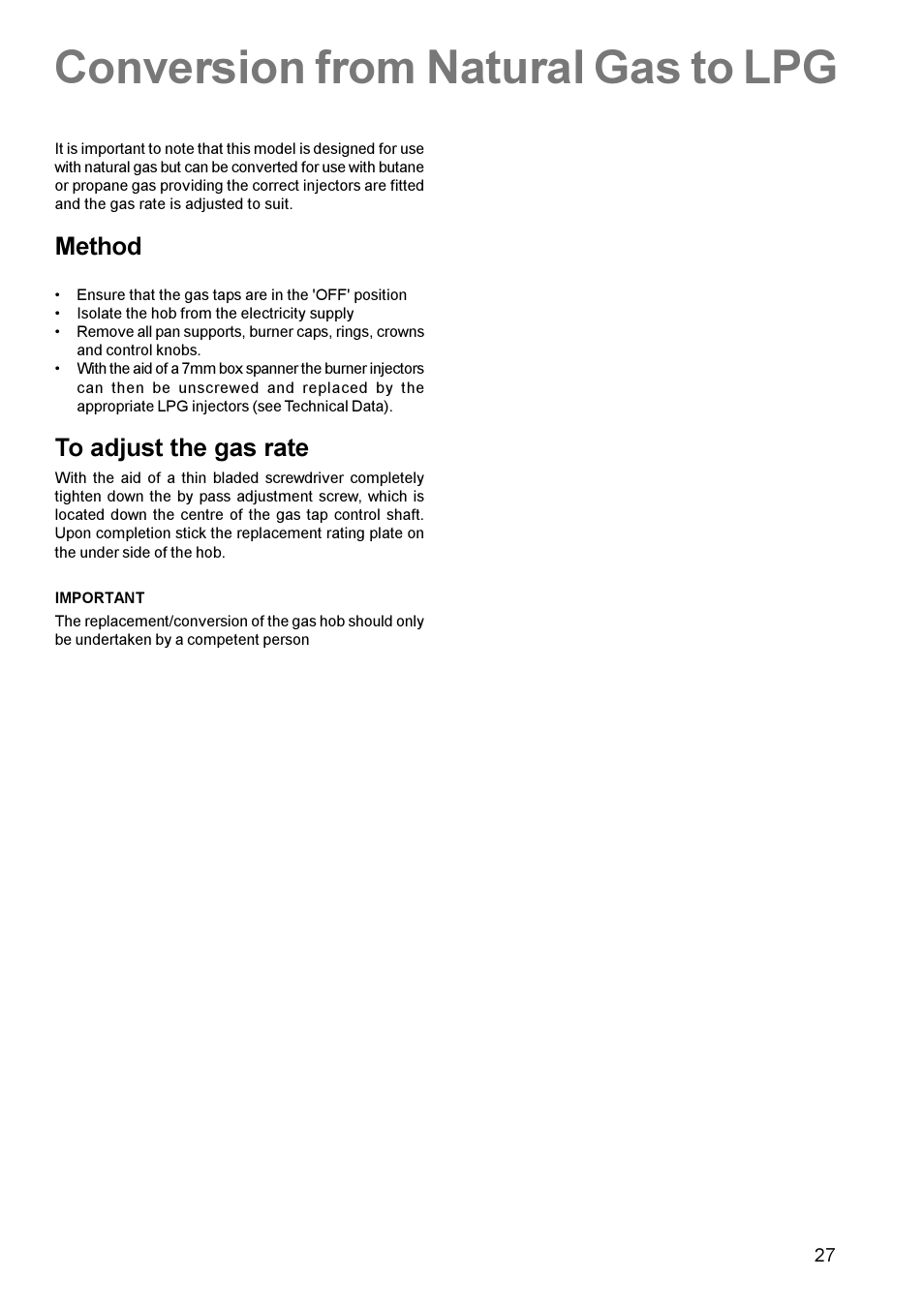 Conversion from natural gas to lpg, Method | Zanussi MIXED FUEL COOKER ZCM 600 User Manual | Page 27 / 28