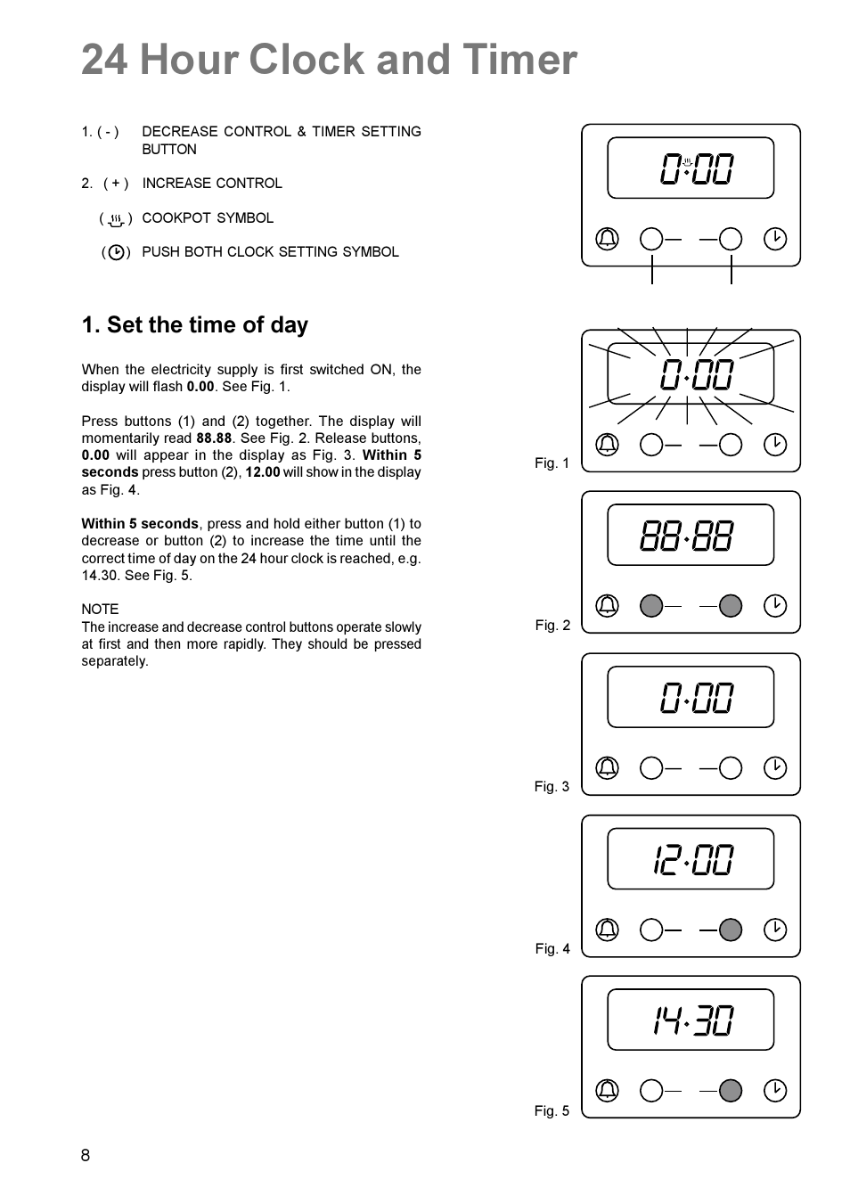 24 hour clock and timer, Set the time of day | Zanussi MIXED FUEL COOKER ZCM 600 User Manual | Page 8 / 28