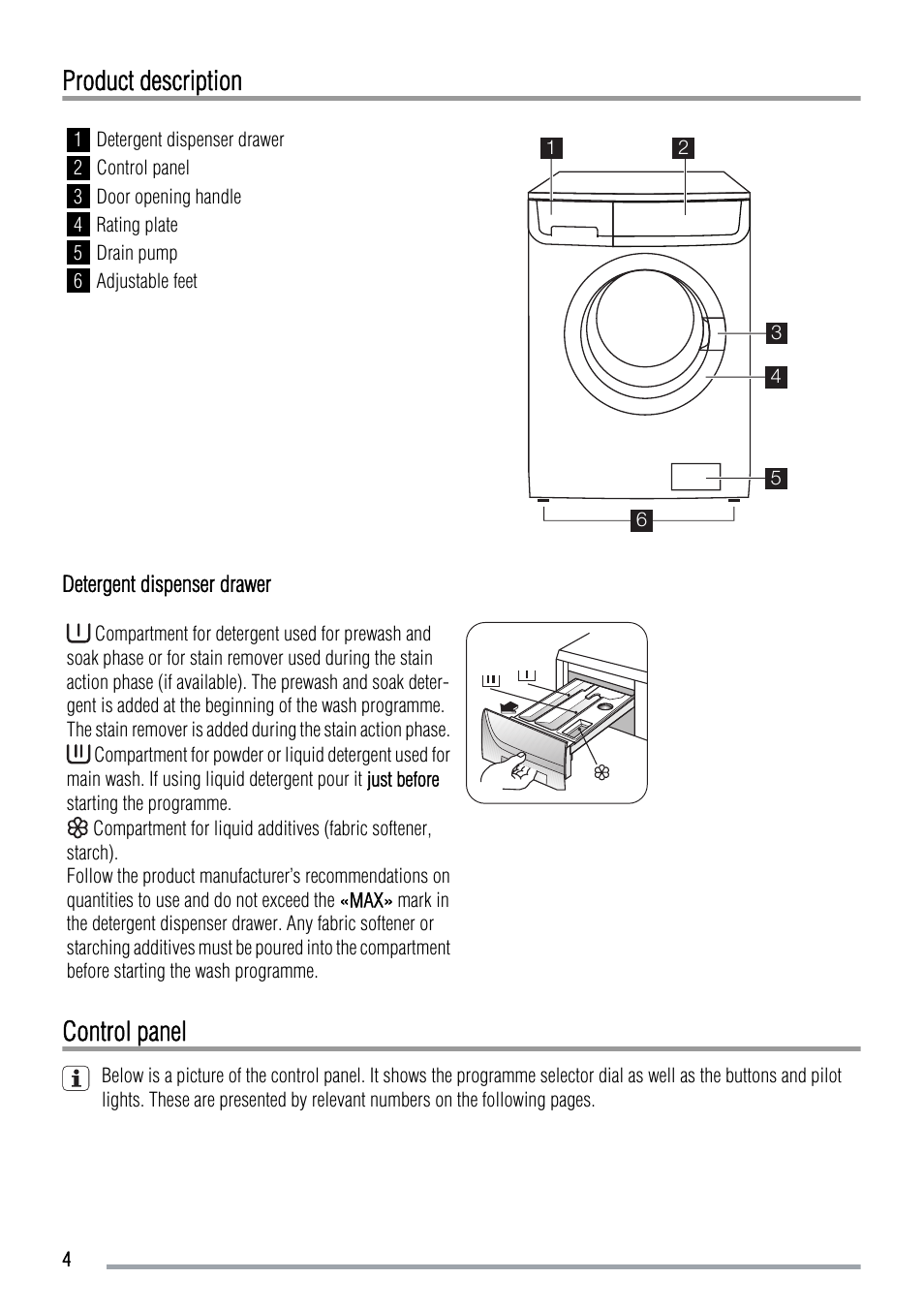 Product description, Control panel | Zanussi ZWF 14069W User Manual | Page 4 / 24