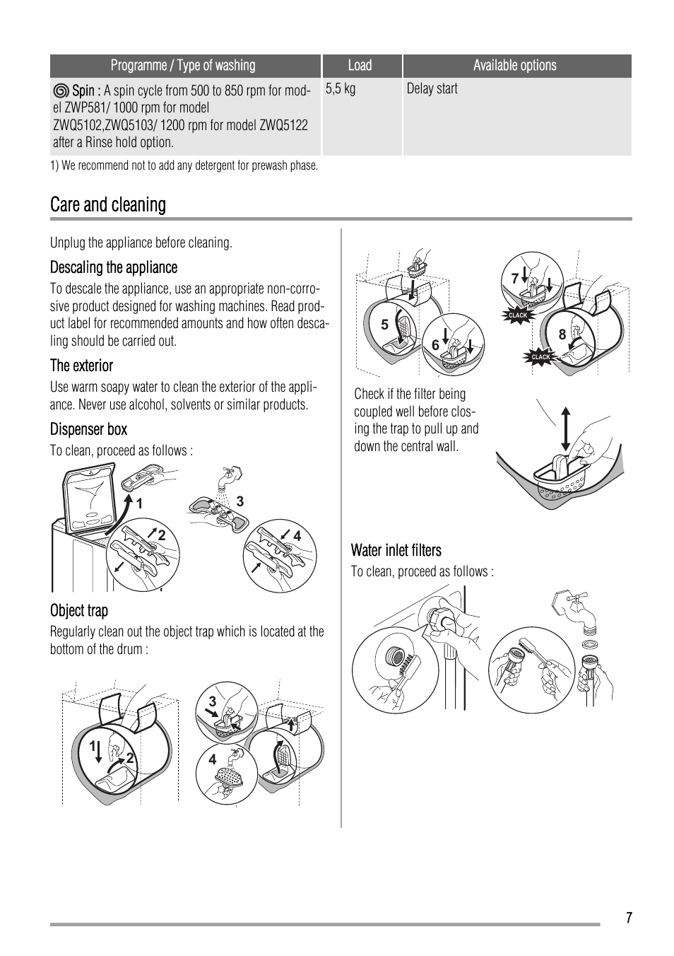 Care and cleaning | Zanussi ZWQ 5122 User Manual | Page 7 / 16