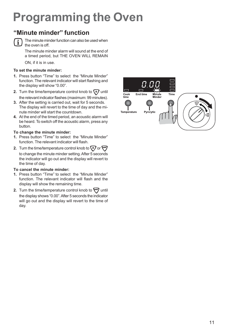 Programming the oven, Minute minder” function | Zanussi ZCM 650 ZCM 651 User Manual | Page 11 / 36