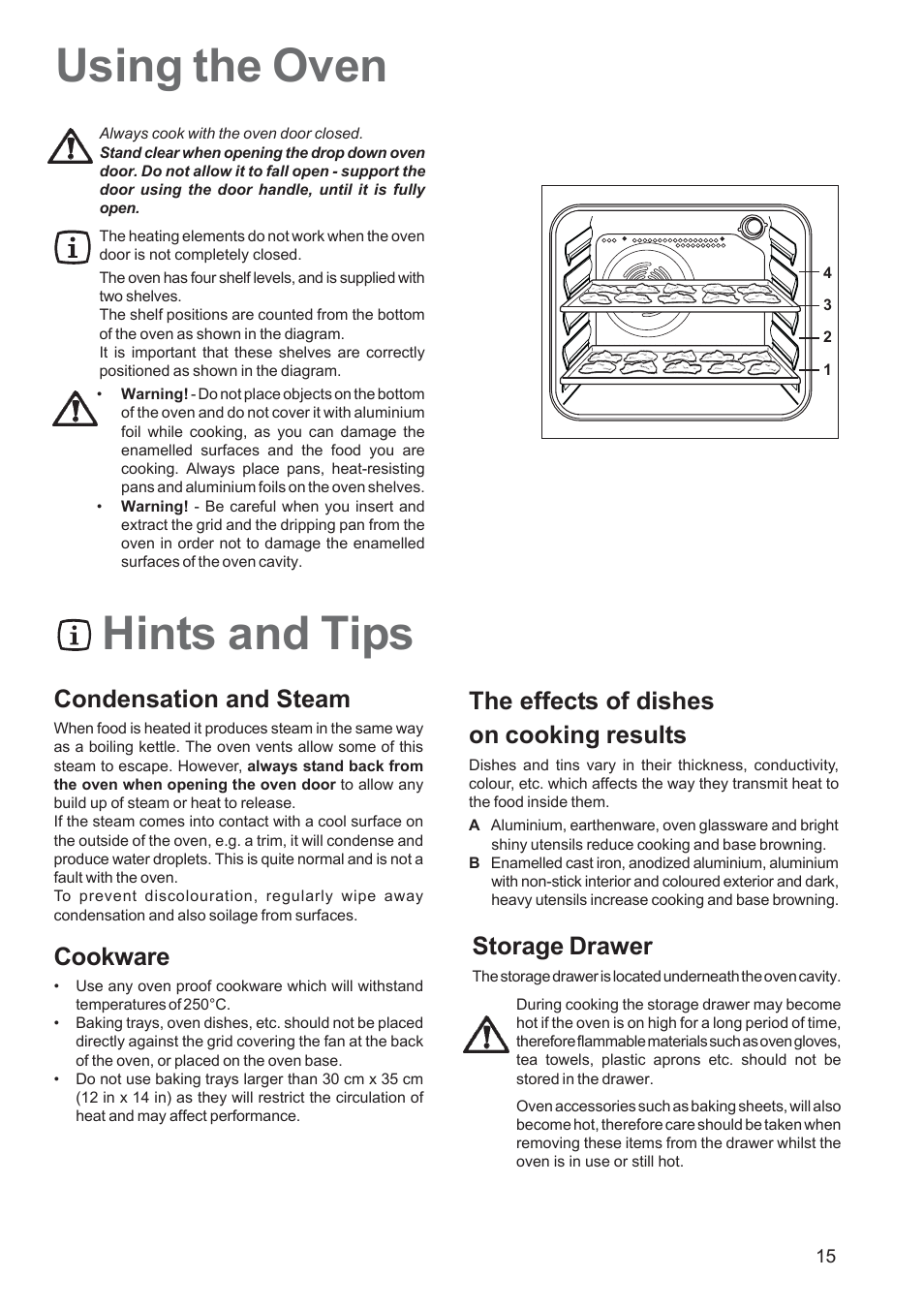 Hints and tips, Using the oven, Condensation and steam | Cookware, Storage drawer, The effects of dishes on cooking results | Zanussi ZCM 650 ZCM 651 User Manual | Page 15 / 36