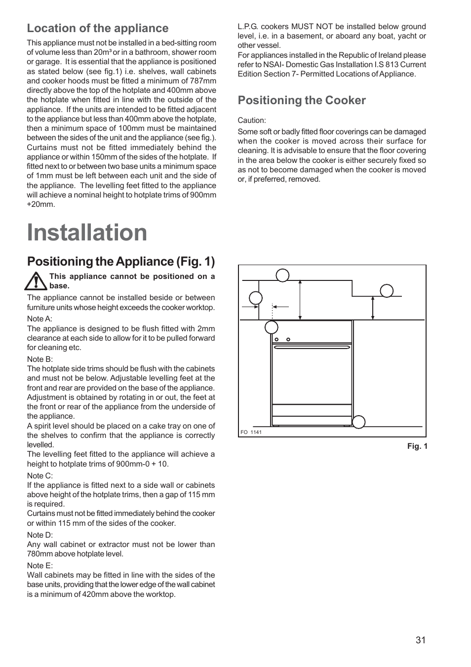 Installation, Positioning the appliance (fig. 1), Location of the appliance | Positioning the cooker | Zanussi ZCM 650 ZCM 651 User Manual | Page 31 / 36