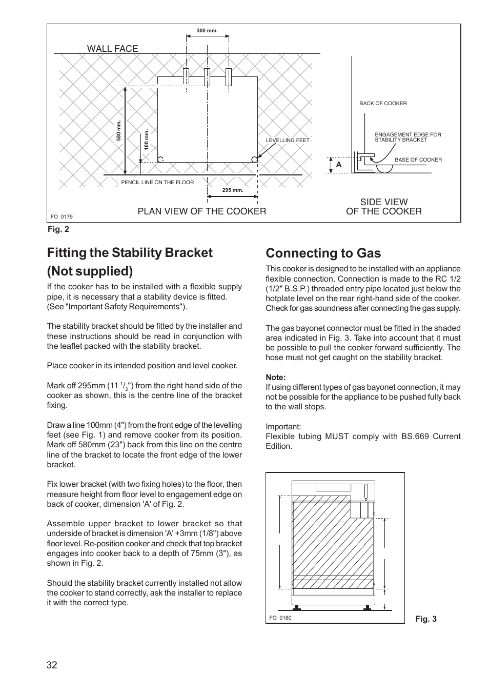 Fitting the stability bracket (not supplied), Connecting to gas | Zanussi ZCM 650 ZCM 651 User Manual | Page 32 / 36