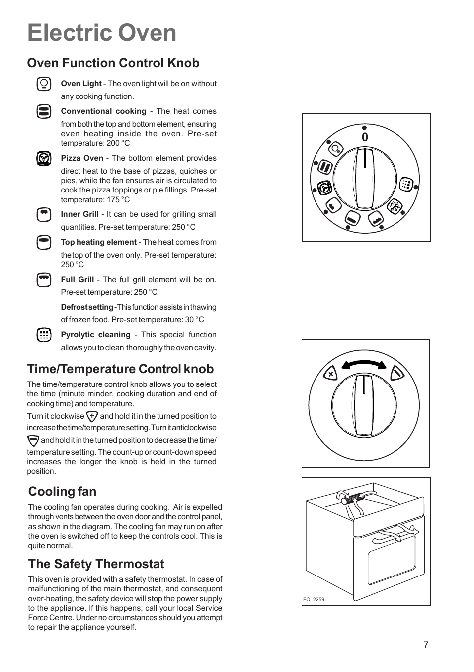 Electric oven, Oven function control knob, Time/temperature control knob | Cooling fan, The safety thermostat | Zanussi ZCM 650 ZCM 651 User Manual | Page 7 / 36