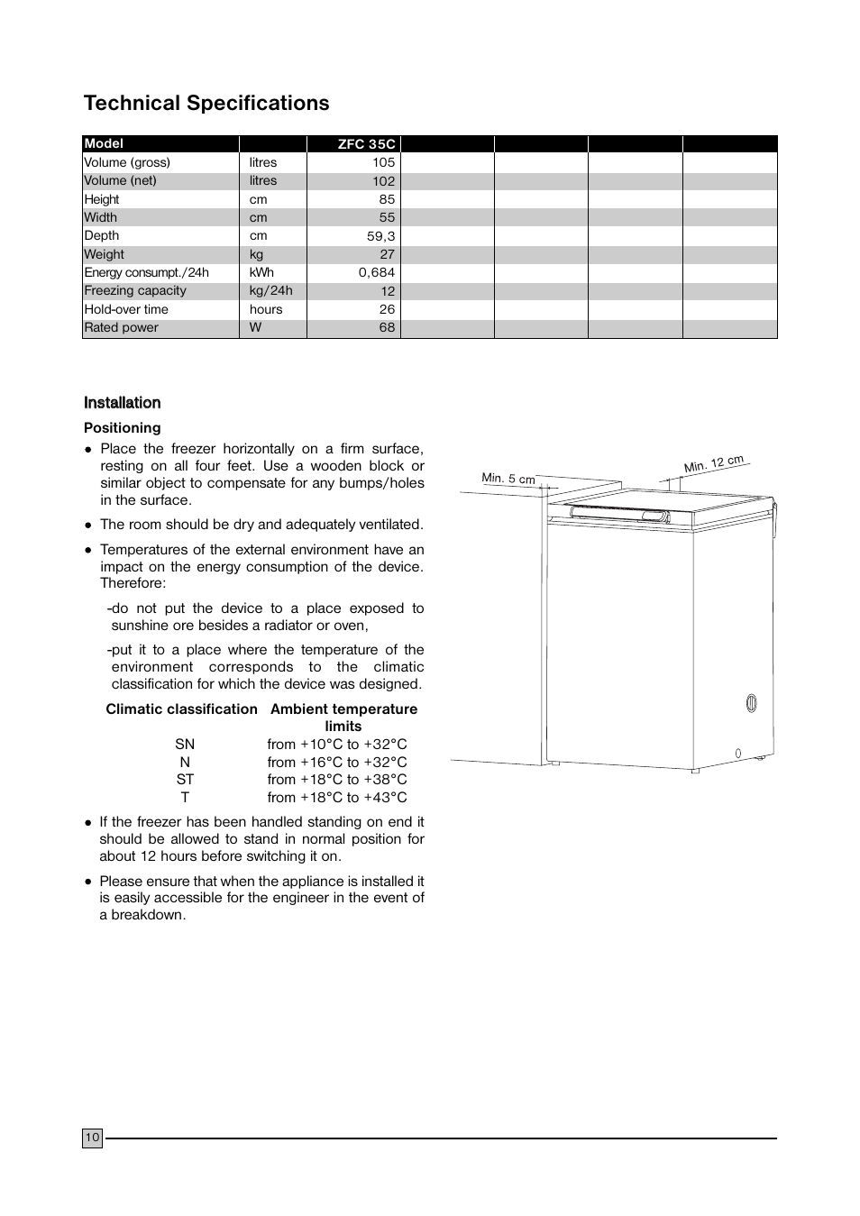 Technical specifications | Zanussi ZFC 35C User Manual | Page 10 / 12