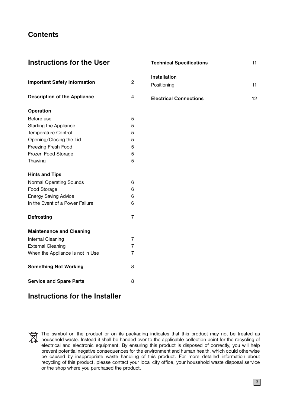 Contents instructions for the user, Instructions for the installer | Zanussi ZFC 35C User Manual | Page 3 / 12