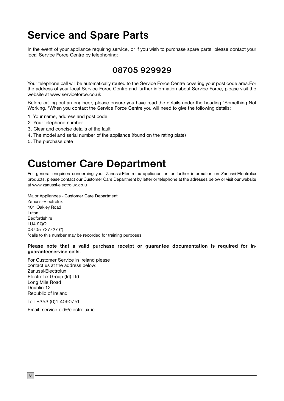 Service and spare parts, Customer care department | Zanussi ZFC 35C User Manual | Page 8 / 12